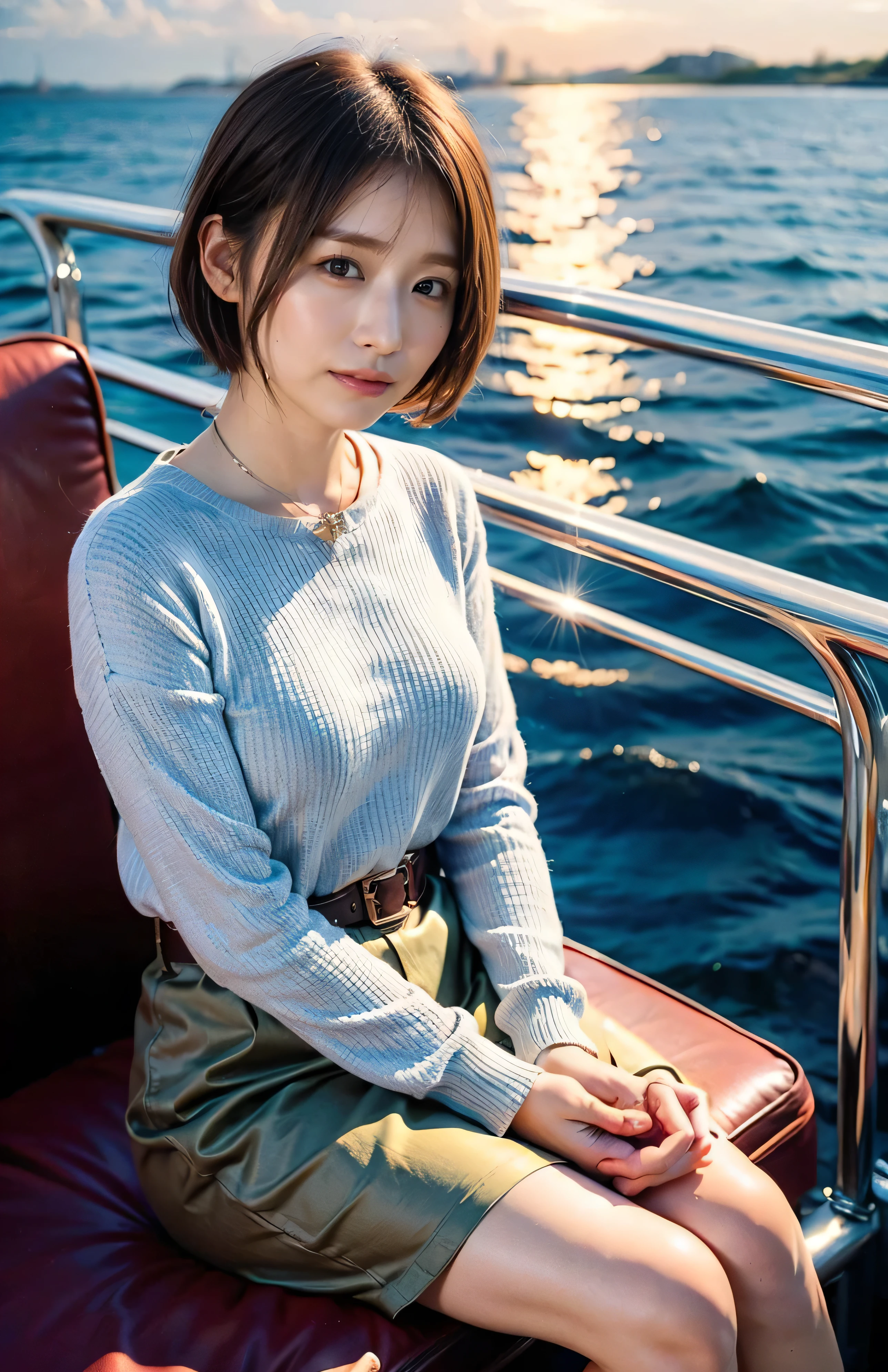 The sky turns red、Woman standing on a boat、Light brown hair、Elegant hairstyle、Blue Eyed Woman、A woman with a cute upward gaze、When the sky gets dark、The gentle light of the ship shines、The sky turns red as the sun sets、Tight clothing that shows your body lines、、Elegant navy blue summer knit、Elegant black summer sweater、belt、Short skirt、Dress elegantly着こなす、Luxury Bagedium Short Hair:1.4))、Skyscrapers seen across the sea、Manhattan 私sland is visible offshore、Woman on a sightseeing boat、、The sun shines on her、Light brown hair、Light brown hair、The sky was dyed red、There are clouds、private's cute、An elegantly dressed woman is sitting on a boat and watching the sunset、Her ample breasts are obvious even through her clothes..、The shining sun is so beautiful、Dusk is approaching、Lens flare、You can see the sunset、((Sunlight reflecting off the ocean、Ocean View、The sun shines on the ocean、'beautiful.、Small earrings、private'evening、Birds are also flying、、Brown Hair Color、Tying up hair、The woman is on the right:1.4))、High-quality leather belt、Shiny clothes、Light beige hair color、Background Blur、Braid only the front hair、Light brown hair、{{Cowgirl Shot}}、((Close-up shot from the waist up、Ample breasts:1.4))、Smile、Silk clothing、Ample breasts that can be seen even through clothes、Braid only the front hair、Cowboy Shot、Gorgeous white collared silk shirt and brown skirt、Dress elegantly、Luxury Bags、A lovely smile、((Ample breasts))、Full body photo、ring、Short skirt、Tuck your hair behind one ear、Silver Necklace、smile、 Elegant ponytail、Caustics、Highly detailed photos、Very beautiful and ideal short hair、Super no makeup、(8k、RAW Photos、highest quality、masterpiece:1.2)、(Realistic、Realistic)、1 girl、((Medium Short Hair、Looking into the camera:1.4))、Hair blowing in the wind