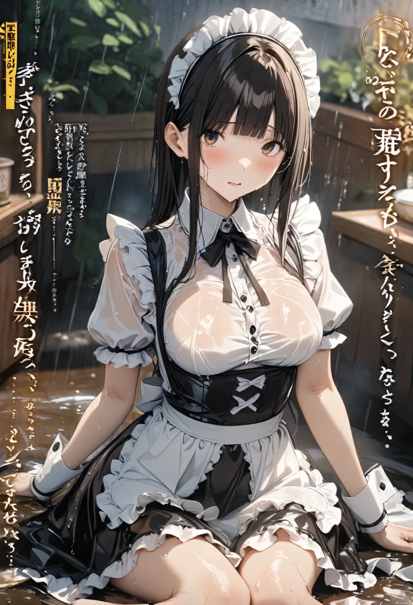 Magazine cover(masterpiece, best quality:1.2),Maid，（（（The eyes are delicate）））Wet body（（Wet maid clothes）），Wet floor，rain（8K）（HD）