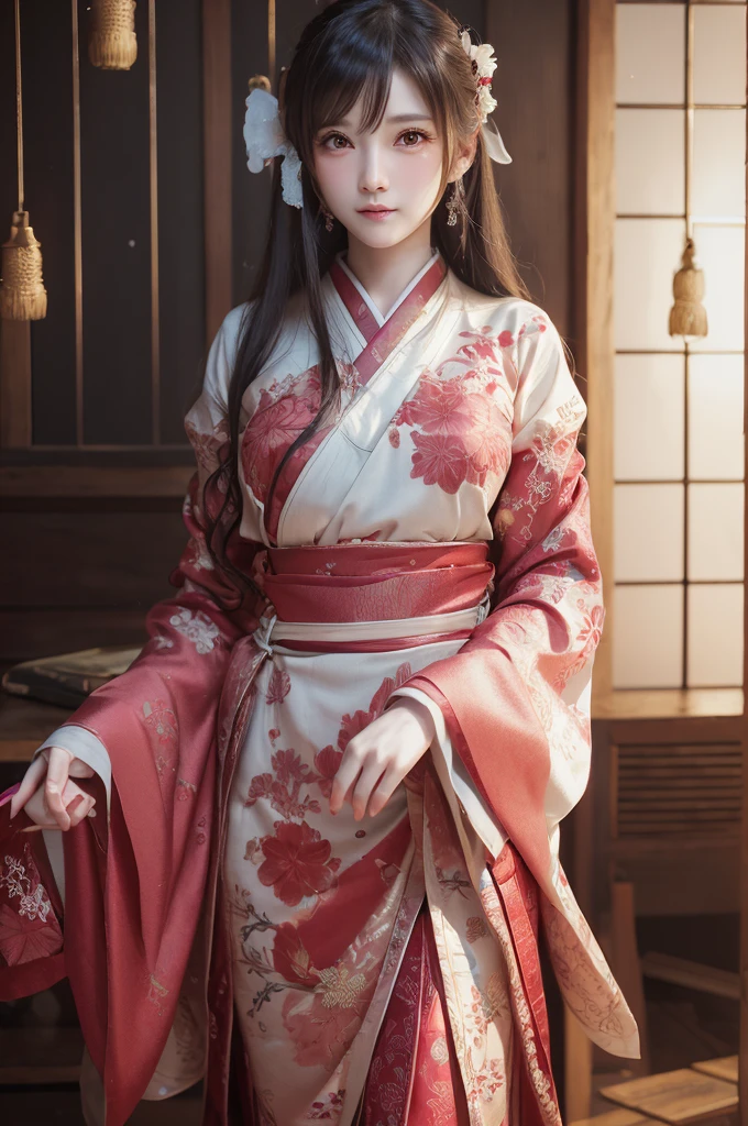 highest quality、8k Masterpiece、超A high resolution、(Photorealistic:1.3)、RAW Photos、1 girl、Red charm on ankle、Angel tattoo on thigh、A plain red Japanese kimono、Wearing geta、Silvery white super long hair、Long Hair、Glowing Skin、1. Super beautiful female samurai soldiers、((Ultra-Realistic Details))、Portrait、Global Illumination、Shadow、Octane Rendering、8k、Super sharp、Beautiful breasts、Metal、Cold colors、Very intricate details、Realistic Light、CGSoation Trend、Beautiful Eyes、Shining Eyes、Looking into the distance、Neon Details、20age、Cute face、Intelligence、Obscene、Sexy、Moe、whole body、Healthy Body、The background is Yoshiwara in the Edo period and Japanese-style red lanterns、Running lights、Tatami room2Floor、love、Charm、mischievouore sexy、Hands on chest、Make your background more vibrant、Fantasy、Angle to toes、Whiter skin、Standing posture、More realistic facial features、anger、Retrospective、wide shot、full body、More realistic Japanese faces、Hair flowing in the wind、Angel、smile、golden screen