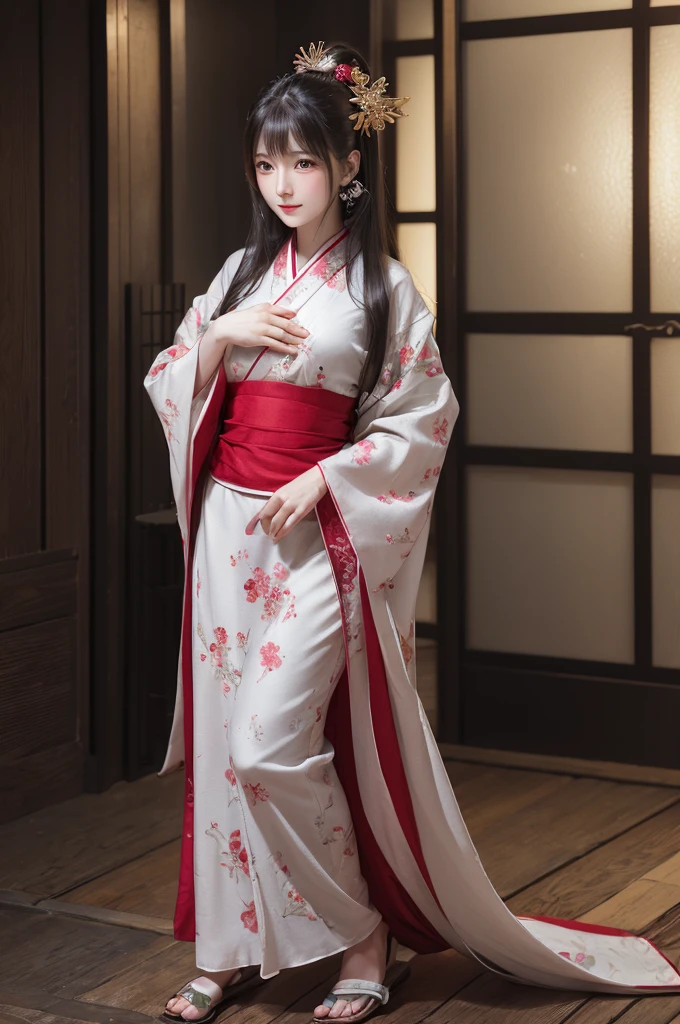 highest quality、8k Masterpiece、超A high resolution、(Photorealistic:1.3)、RAW Photos、1 girl、Red charm on ankle、Angel tattoo on thigh、A plain red Japanese kimono、Wearing geta、Silvery white super long hair、Long Hair、Glowing Skin、1. Super beautiful female samurai soldiers、((Ultra-Realistic Details))、Portrait、Global Illumination、Shadow、Octane Rendering、8k、Super sharp、Beautiful breasts、Metal、Cold colors、Very intricate details、Realistic Light、CGSoation Trend、Beautiful Eyes、Shining Eyes、Looking into the distance、Neon Details、20age、Cute face、Intelligence、Obscene、Sexy、Moe、whole body、Healthy Body、The background is Yoshiwara in the Edo period and Japanese-style red lanterns、Running lights、Tatami room2Floor、love、Charm、mischievouore sexy、Hands on chest、Make your background more vibrant、Fantasy、Angle to toes、Whiter skin、Standing posture、More realistic facial features、anger、Retrospective、wide shot、full body、More realistic Japanese faces、Hair flowing in the wind、Angel、smile、golden screen
