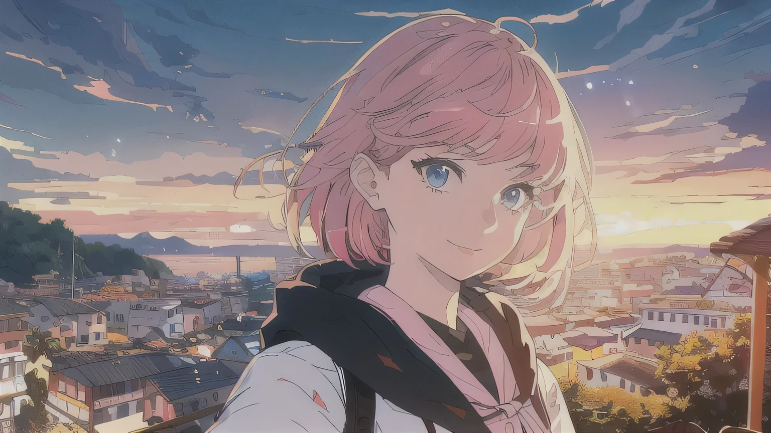 Stable Diffusion prompt: anime female girl traveler,illustration or 3D rendering,adventurous spirit,cute detailed eyes and face,vibrant colors,soft lighting,best quality,HD,content smile,journey,suitcase,pink hair,bow,exploring,beautiful detailed lips,stylish clothes,wandering in a scenic landscape,fantasy elements,,expressive pose,close up picture of the face, focus on face, sunset palette,peaceful atmosphere,natural beauty,mystical charm,sparkling eyes,travel diary,open road,positive energy,curious gaze,lively personality,excitement,inspiring textures,sunlit path,magical moments,blissful enjoyment,dreamlike aura.

(Please do not include the "Stable Diffusion prompt:" part when using the prompt)