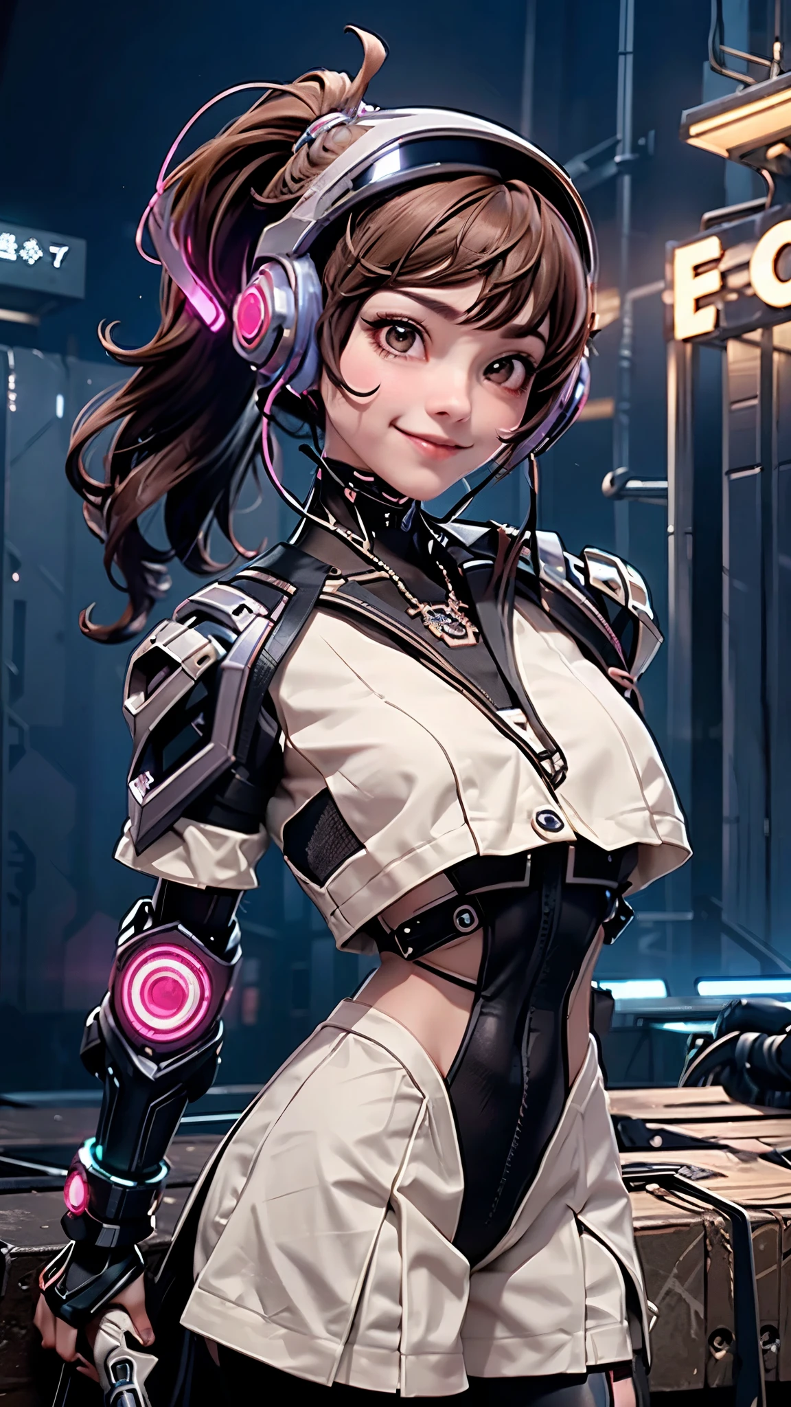 ((cyber punk:1.3)),Tokyo of the Future:2,Neon sign on background:1.2、(Backlight:1.2),Composition with face in the center, (cowboy shot:1.3),(masterpiece, highest quality),1 girl, alone, hyper Realistic,Realistic,Looking at the audience, Light brown eyes:1.2,long Hair:2,(ponytail),shiny hair, Mouth closed, Glowing Skin:1.2, She is very beautiful and cute, Show your ear, beautiful long neck,(smile), Bangs, Ideal body type, Perfect Anatomy,