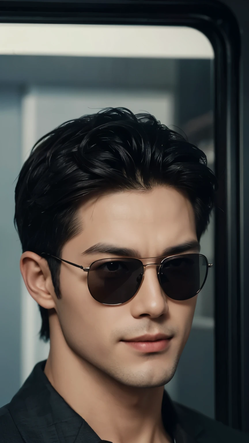 (Men)), (head shot), (front view), (half body view), (Handsome muscular man in his 30s wearing black pilot sunglasses, and luxury black suit), zi wang (Prince chiu), Mischievous smile, (detail: 1 in 1), Natural muscles, HIG quality, beautiful eyes, (Detailed face and eyes), (Face、: 1 / 2), fresh lips, Noise, Real Photographics, ... ...................................................................................................PSD, Sharp Focus, High resolution (8K), realistic & Professional Photography, 8K UHD, Soft lighting, High quality, Film grain, FujifilmXT3