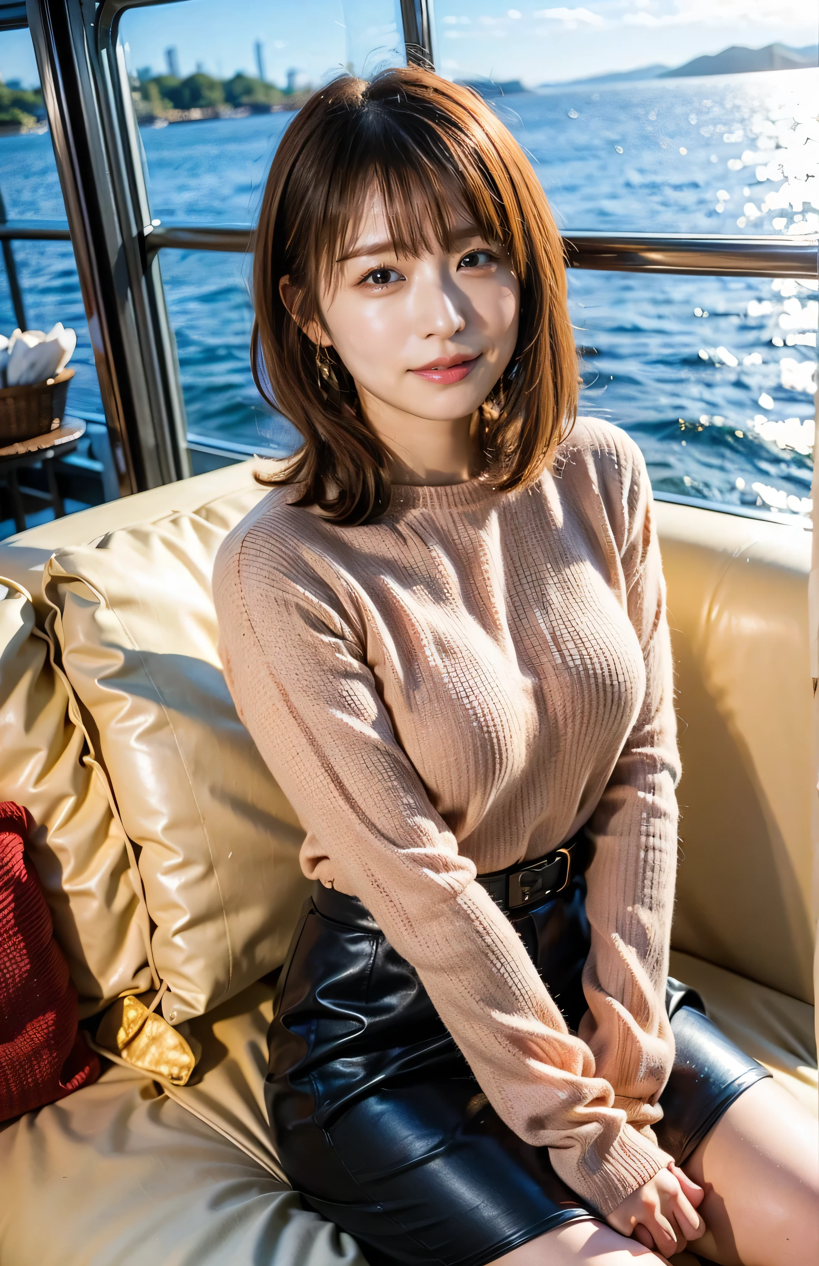 The sky turns red、Woman standing on a boat、Light brown hair、Elegant hairstyle、Blue Eyed Woman、A woman with a cute upward gaze、When the sky gets dark、The gentle light of the ship shines、The sky turns red as the sun sets、Tight clothing that shows your body lines、、Elegant navy blue summer knit、Elegant black summer sweater、belt、Short skirt、Dress elegantly着こなす、Luxury Bagedium Shorthair:1.4））、Skyscrapers seen across the sea、Manhattan 私sland is visible offshore、Woman on a sightseeing boat、、The sun shines on her、Light brown hair、Light brown hair、The sky was dyed red、There are clouds、private's cute、An elegantly dressed woman is sitting on a boat and watching the sunset、Her ample breasts are obvious even through her clothes..、The shining sun is so beautiful、Dusk is approaching、Lens flare、I can see the sunset、（（Sunlight reflecting off the ocean、Ocean View、The sun shines on the sea、&#39;beautiful.、Small earrings、private&#39;evening、Birds are also flying、、Brown Hair Color、Tying up hair、The woman is on the right:1.4））、High-quality leather belt、Shiny clothes、Light beige hair color、Background Blur、Braid only the front hair、Light brown hair、｛｛Cowgirl Shot｝｝、（（Close-up shot from the waist up、Ample breasts:1.4））、Smile、Silk clothing、Ample breasts that can be seen even through clothes、Braid only the front hair、Cowboy Shot、Gorgeous white collared silk shirt and brown skirt、Dress elegantly、Luxury Bags、A lovely smile、（（Ample breasts））、Full body photo、ring、Short skirt、Tuck your hair behind one ear、Silver Necklace、smile、 Elegant ponytail、Caustics、Highly detailed photos、Very beautiful and ideal short hair、Super no makeup、(8K、RAW Photos、Highest quality、masterpiece:1.2)、(Realistic、Realistic)、1 Girl、((Medium Short Hair、Looking into the camera:1.4))、Hair blowing in the wind

