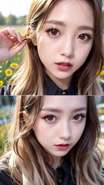 Realistic, masterpiece, highest quality, Highest Resolution, Japanese , 16 years old, Upper body photo, Looks sleepy, inattention, Open your mouth, Beautiful and detailed eye drawing, (Droopy eyes:1.3), Dark Eyes, Thin eyebrows, Draw eyelashes carefully, Eyelash extensions, Gal Makeup, Orange Cheek, (Brown and white wavy hair with white mesh, Long Hair, middle part:1.3), (Hidden eyelid wrinkles:1.3), (Gothic uniform:1.2), (The subject was photographed from above at an angle:1.3), (Flower Field:1.3), (Face close-up, Stand up and try to impress the audience:1.5)