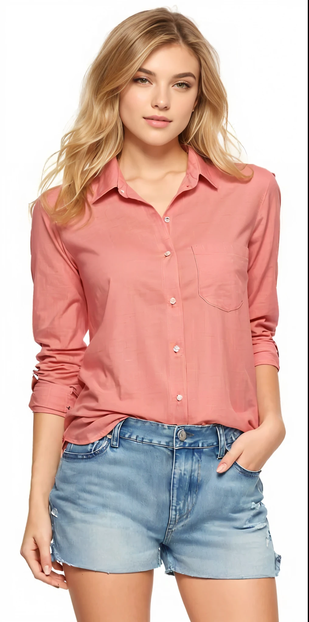 a woman in a Camiseta vermelha and denim shorts posing for a picture, button-up shirt, blusa rosa, button-up shirt, Camiseta vermelha, collaCamiseta vermelha, camisa vermelha elegante, camisa marrom, blusas largas, vestindo uma camisa de linho, Camiseta vermelha brown pants, summer shirt, camisa amarrada, camisa magenta, vestindo uma camisa e um jeans