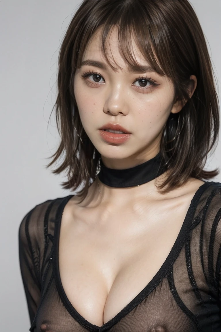 (highest quality,8k,32k,masterpiece,Ultra-high resolution:1.2),((Sexy look:1.2)), ((Brown Hair Color,Medium Hair,Beautiful bangs:1.5)), Positive, Professional Lighting, Flash photography, Shaded photo,((Cleavage:1.5)),((small breast)), Upper Body, Face Focus, Choker Necklace, Plain grey background, ((black clothes with a wide open chest:1.2, Tight clothing:1.2)), ((I can't look directly at the nipples:1.5, Know the shape of your nipples:1.6))