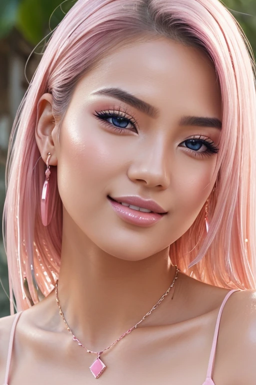 1 girl, Korean model, extremely beautiful, perfect body, tank top, jeans, necklace, earrings, bracelet, masterpiece, 8K, lifelike. Glossy pink lips, pink eyeshadow, eyelashes, blush, cosmetics, bright white skin, detailed pores, shiny skin, shiny skin. Her hair is pink, long and smooth, blowing in the wind ((floating)) under the bright sunlight. Bright smile, pure white teeth and details. Seductive lips, glossy pink lips. Blue eyes, seductive, ((sharp makeup)), realistic, ((wet eyes)), detailed, pink eyeshadow. Two delicate eyelids, perfectly beautiful and detailed, black eyelashes. Eyebrows are curved, sparse, sharp and detailed. Beautiful and perfect face, holy, perfectly proportioned, beautiful in every detail, ((shiny)), high-end cosmetic makeup. High and detailed nose. Blush, prominent and detailed cheekbones. Hands are beautiful, perfect, ((no flaws)), no defects. Close-up photo of the girl, sharp and highest contrast.