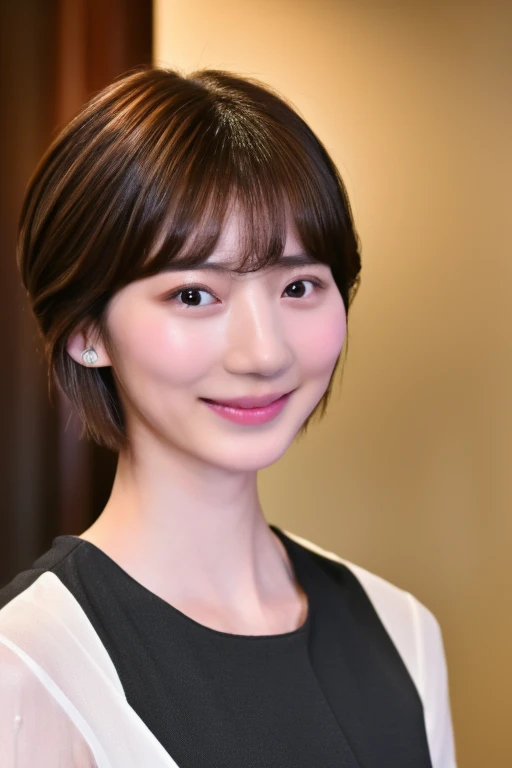 ((highest quality, 8k, masterpiece: 1.3)), Ultra-realistic, Skinny Japanese woman, 30 years old, 1 girl, The beauty of slim abs: 1.3, (Hairstyle Brown Hair Short Cut, big: 1.2), dress: 1.1, Super slender face, Delicate eyes, double eyelid, smile, Home, RAW Photos,A seductive gaze