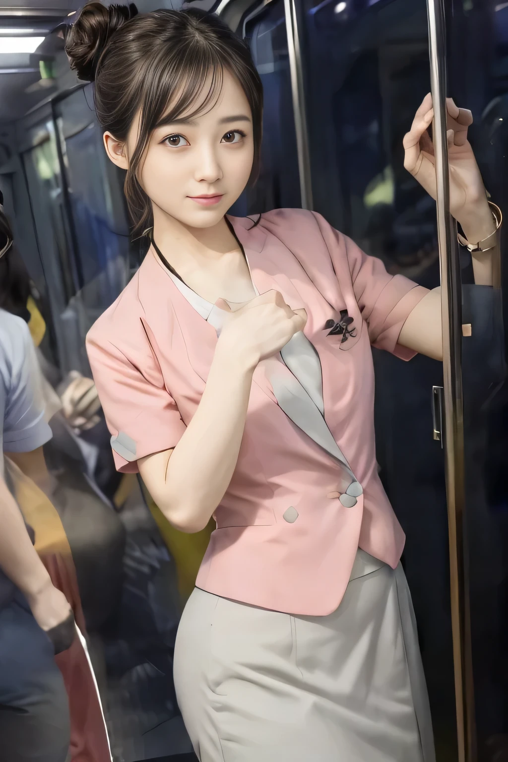 (masterpiece:1.2, highest quality:1.2), 32K HDR, High resolution, (alone、1 girl)、(On the rooftop of a building in the daytime、Professional Lighting)、Building rooftop background、(Nankai train crew uniform pinkを着たリアルスタイル)、(Nankai train crew uniform pink short sleeve collarless pink jacket、Nankai Train Crew Uniform Pink Collarless Short Sleeve Blouse、Nankai Train Crew Uniform Pink Grey Knee-length Culottes)、((The bottom of the pink short-sleeved jacket cannot be tucked into the clay-colored culottes.))、Dark brown hair、(Hair tied up、Hair Bun、Hair Bun)、Dark brown hair、Long Shot、Big Breasts、Thin legs、((Great hands:2.0)),((Harmonious body proportions:1.5)),((Normal limbs:2.0)),((Normal finger:2.0)),((Delicate eyes:2.0)),((Normal eyes:2.0)))、smile、(Nankai Train Crew Uniform Pink Grey Knee-length Culottesを見せた美しい立ち姿)、