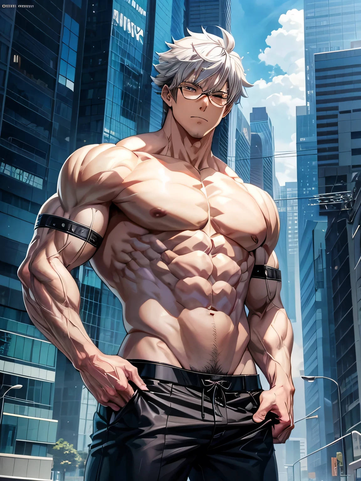 anime character with gray hair and glasses posing for a picture, muscular!!, handsome anime pose, muscular character, detailed anime character art, male anime character, fubuki, anime character, best anime 4k konachan wallpaper, muscular! white, muscular!!!, young anime man, anime boy, anime style character, muscular! cyberpunk, muscular!