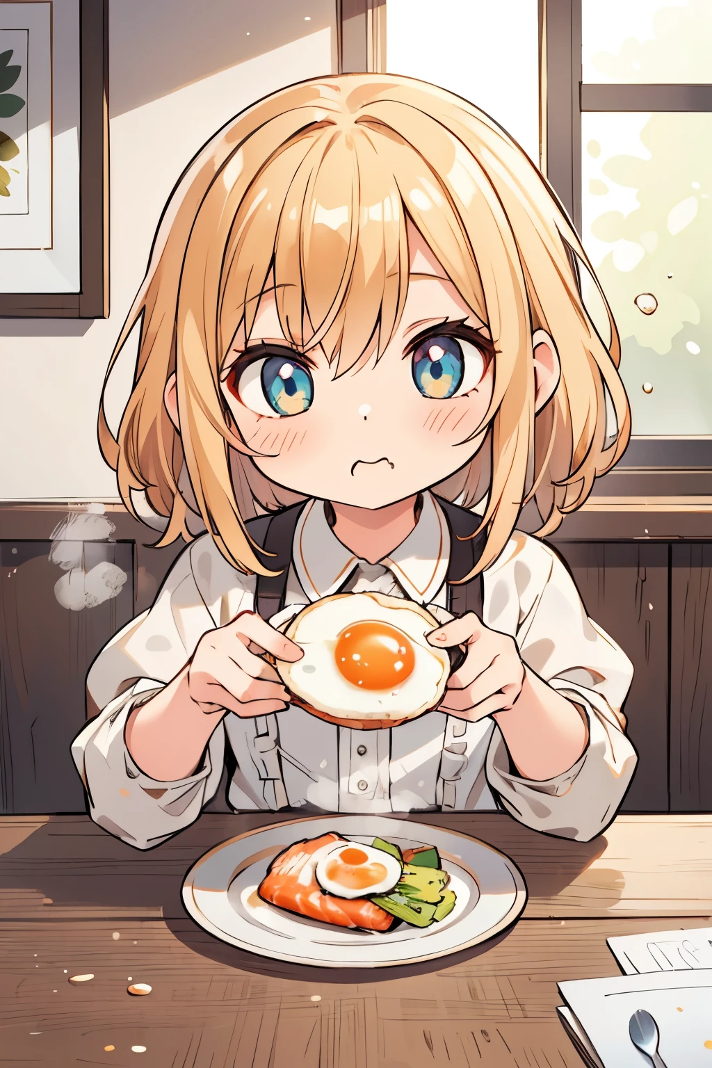 a photorealistic chibi girl doll, sitting at a table, eating breakfast, steaming miso soup, grilled salmon, fried egg, detailed face, beautiful eyes, detailed hair, delicate hands, intricate clothing folds, warm lighting, soft focus, photorealistic, 8k, high quality, masterpiece, hyper realistic, detailed textures, realistic lighting and shadows, vibrant colors, natural tones