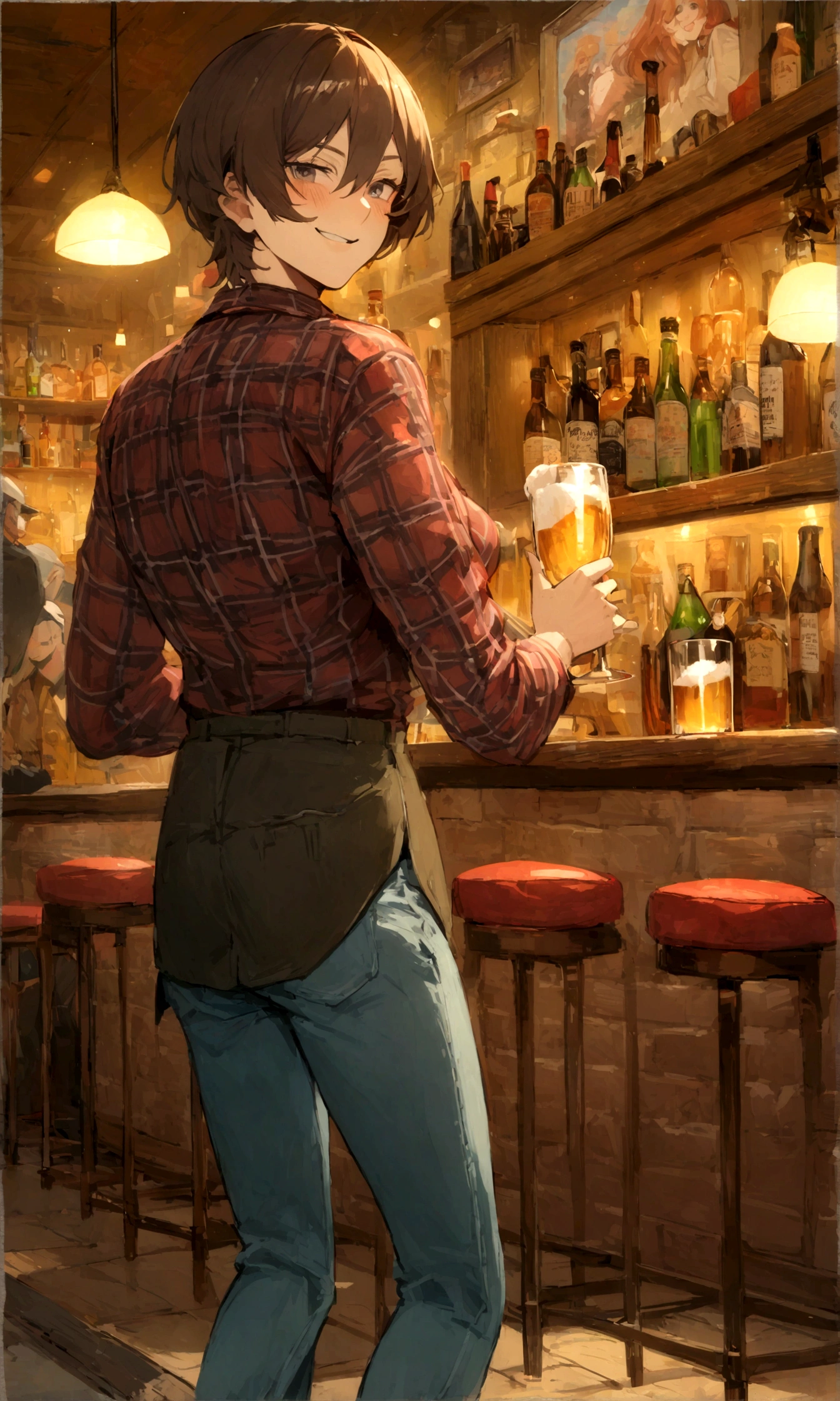 Create a picture of a 35-year-old man named Alex in a lively bar. Alex sitzt im Rollstuhl, mit kurzen braunen Haaren, braune Augen, und ein Dreitagebart. He wears a blue and white checked shirt, Jeans, und abgetragene Turnschuhe. Alex has a big smile on his face, with cheeks flushed from drinking.
The bar has a cozy and lively atmosphere, with dim lighting and brick walls, decorated with vintage photos and posters. Alex sitzt an einem Holztisch neben der dunklen Bartheke aus Holz, lined with colorful bottles on shelves and illuminated by neon signs. Other guests can be seen in the background, Plaudern und Lachen. Alex holds up a beer glass, Big smile, visibly amused, obwohl er leicht beschwipst ist.
