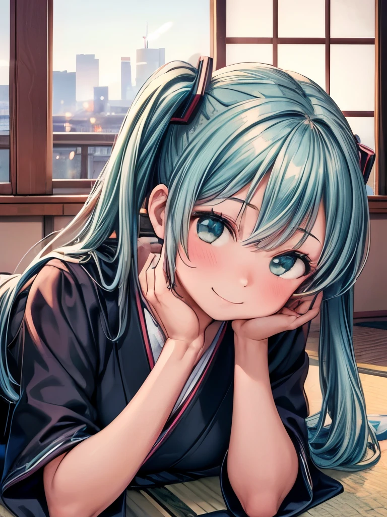 (masterpiece、highest quality、highest quality、Official Art、Beautiful and beautiful:1.2)、(One girl:1.3)Hatsune Miku、Twin tails,Beautiful breasts,winter new year event announcement poster, (highest quality,Realistic),alone,Beautiful Japanese Women,Traditional Kimono,Natural posture,優しいsmile,Impressive Gaze,Traditional hairstyle,Tatami room at dusk,Sit by the window,Illuminated by the city lights,(Attractive pose),Professional Photographer,Shallow depth of field,Backlight, Leaning forward, In a pose like sitting upright facing forward., Place your hands on the floor, Tilt your head and look up, smile, I want to thank all the viewers