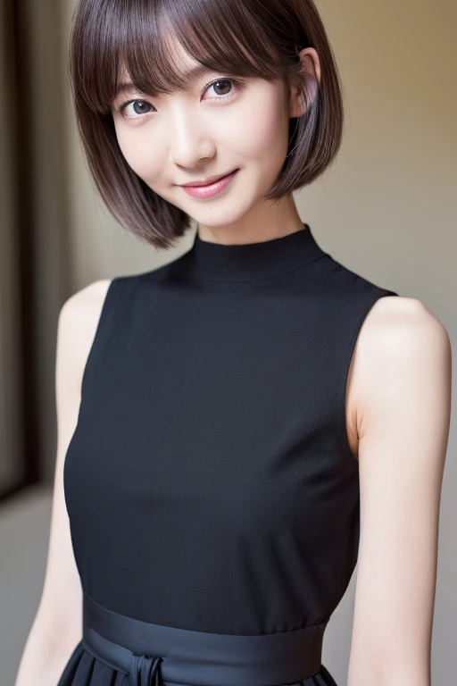 ((highest quality, 8k, masterpiece: 1.3)), Ultra-realistic, Skinny Japanese woman, 30 years old, 1 girl, Black tank top,The beauty of slim abs: 1.3, (Hairstyle Brown Hair Short Cut, big: 1.2), dress: 1.1, Super slender face, Delicate eyes, double eyelid, smile, Home, RAW Photos