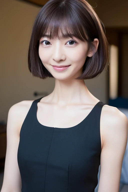 ((highest quality, 8k, masterpiece: 1.3)), Ultra-realistic, Skinny Japanese woman, 30 years old, 1 girl, Black tank top,The beauty of slim abs: 1.3, (Hairstyle Brown Hair Short Cut, big: 1.2), dress: 1.1, Super slender face, Delicate eyes, double eyelid, smile, Home, RAW Photos