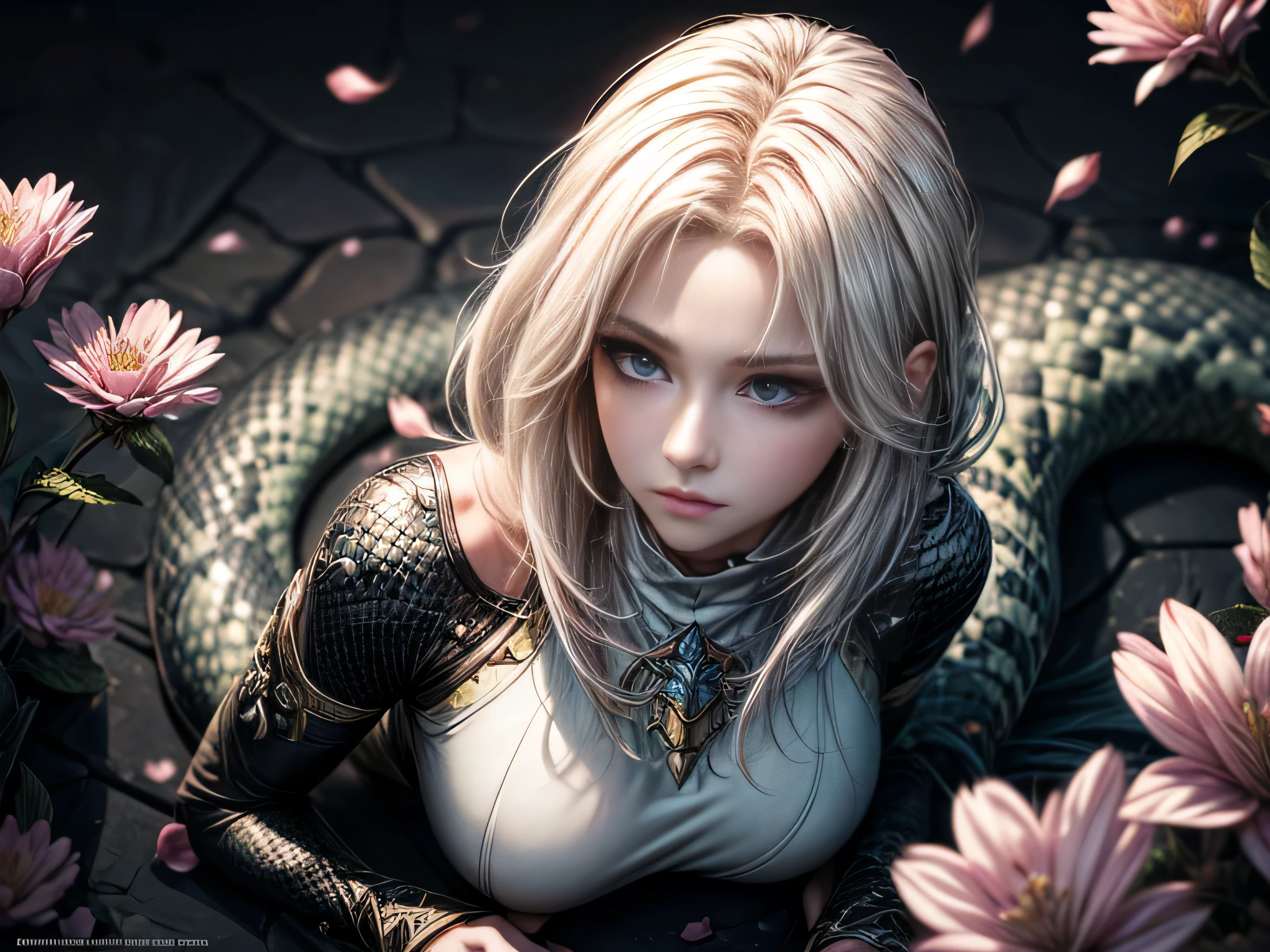 (Best Quality, 8K, Masterpiece, HDR, Soft Lighting, Picture Perfect, Realistic, Bright), White Snake Girl (1.0), Naga Girl (1.0), Snake Girl, Snake Girl with White Hair and Sexy Open Scaled snakebodysuit, Beautiful Fantasy Anime, Very beautiful and cute snake girl, pink flower petals rain, background blur, anime fantasy, Gouves style work, realistic: 1.37, top view, lying in pink flowers, horizontal view, (ultra high quality fantasy art), masterpiece, female model, ultra high quality design female characters, Detailed 8k anime art, realistic anime art, highest quality wallpaper illustrations, complex ultra high quality accurate female characters faces, high quality design and accurate physics (super high quality fantasy art, dark fantasy style), masterpieces, super high quality characters, anime resolution - 8K, realistic anime art, wallpapers with the highest quality illustrations, ultra-high facial detail, high-quality design and accurate physics), color, depth of field, shadows, ray tracing, high production quality. -high-quality computer wallpapers and 8K resolution, (Accurate simulation of the interaction of light and materials)], [High-quality hair detail [More about beautiful and shiny white hair]], (Beautifully detailed hands [perfect fingers [Perfect nails]]], (perfect anatomy (perfect proportions) ))) [[Full-length]], [Perfect combination of colors (Accurate imitation of the interaction of light and material)], [art that conveys the meaning of the story]