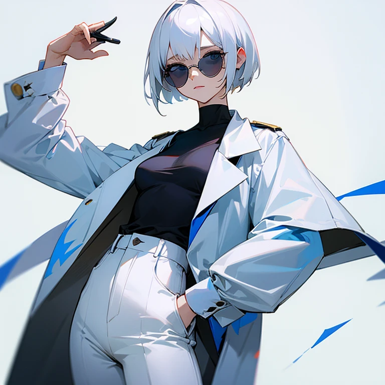 woman,short hair,(white hair),blue eyes,small breasts,Wear white trousers.,เสื้อblack,Wear sunglasses.(black)