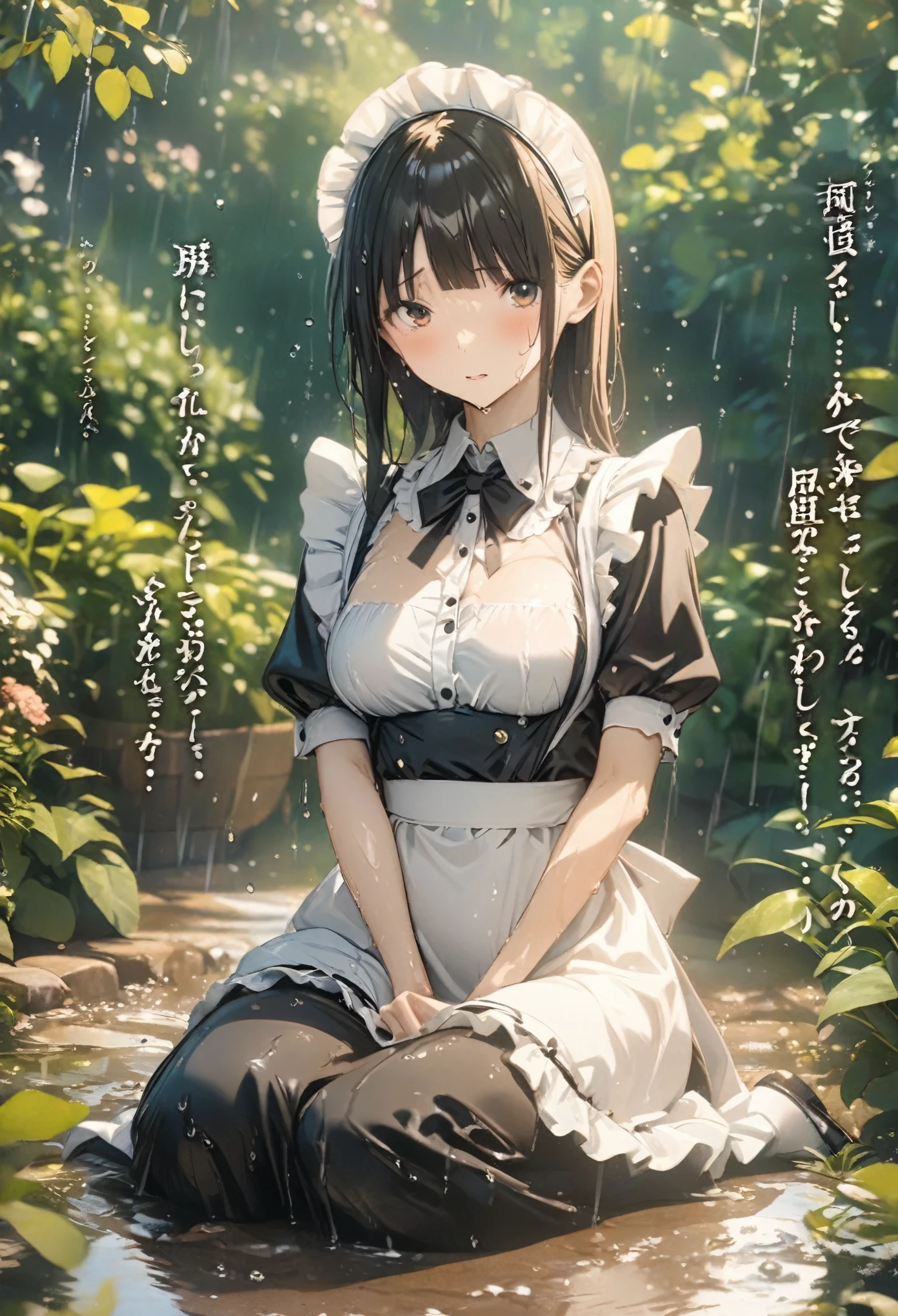 Magazine cover(masterpiece, best quality:1.2),Maid,(((The eyes are delicate)))Wet body((Wet maid clothes))garden,Wet floor,rain(8K)(HD)