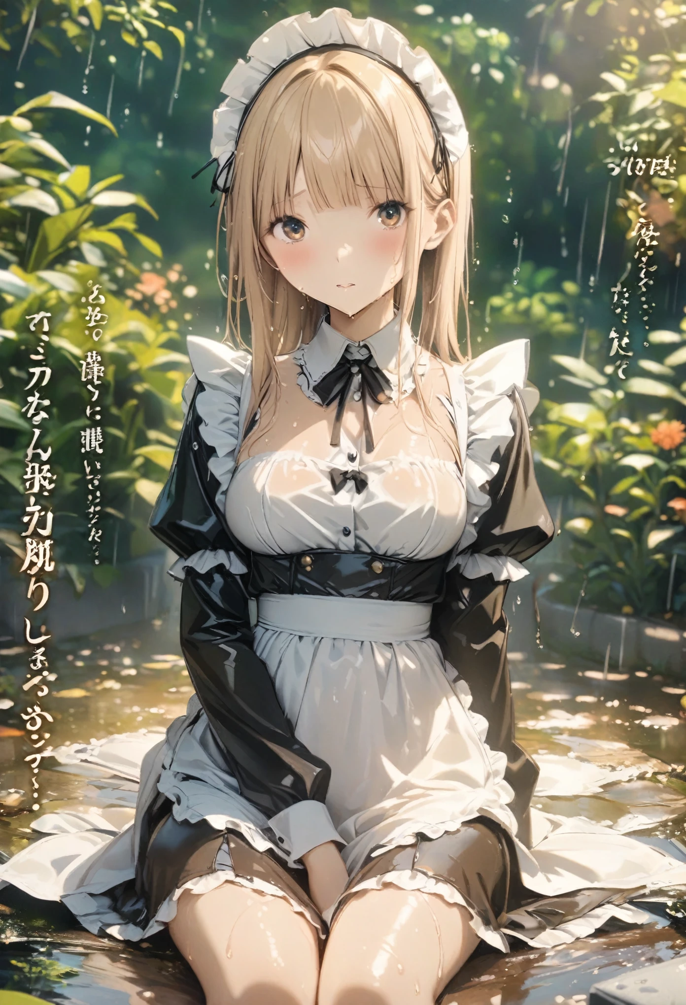Magazine cover(masterpiece, best quality:1.2),Maid,(((The eyes are delicate)))Wet body((Wet maid clothes))garden,Wet floor,rain(8K)(HD)