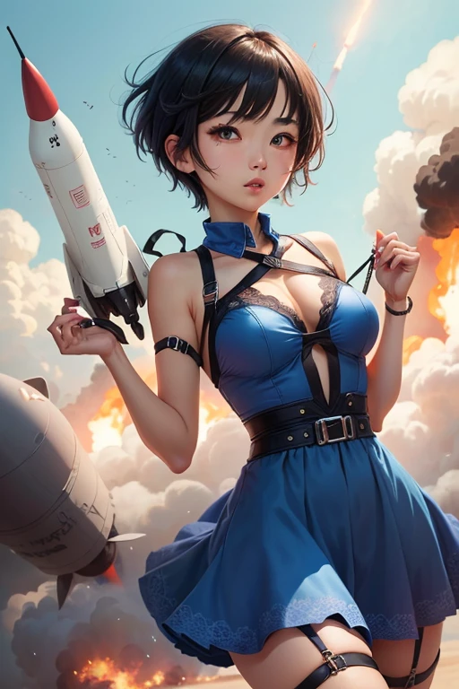 A missile and bomb core anime girl black short hair pixie cut hairstyle and a blue dress with lace and ties and a body harness holding a missile with bomb rubber bands called tsarchan with tsarchan written in the air above her and a t on her clothes