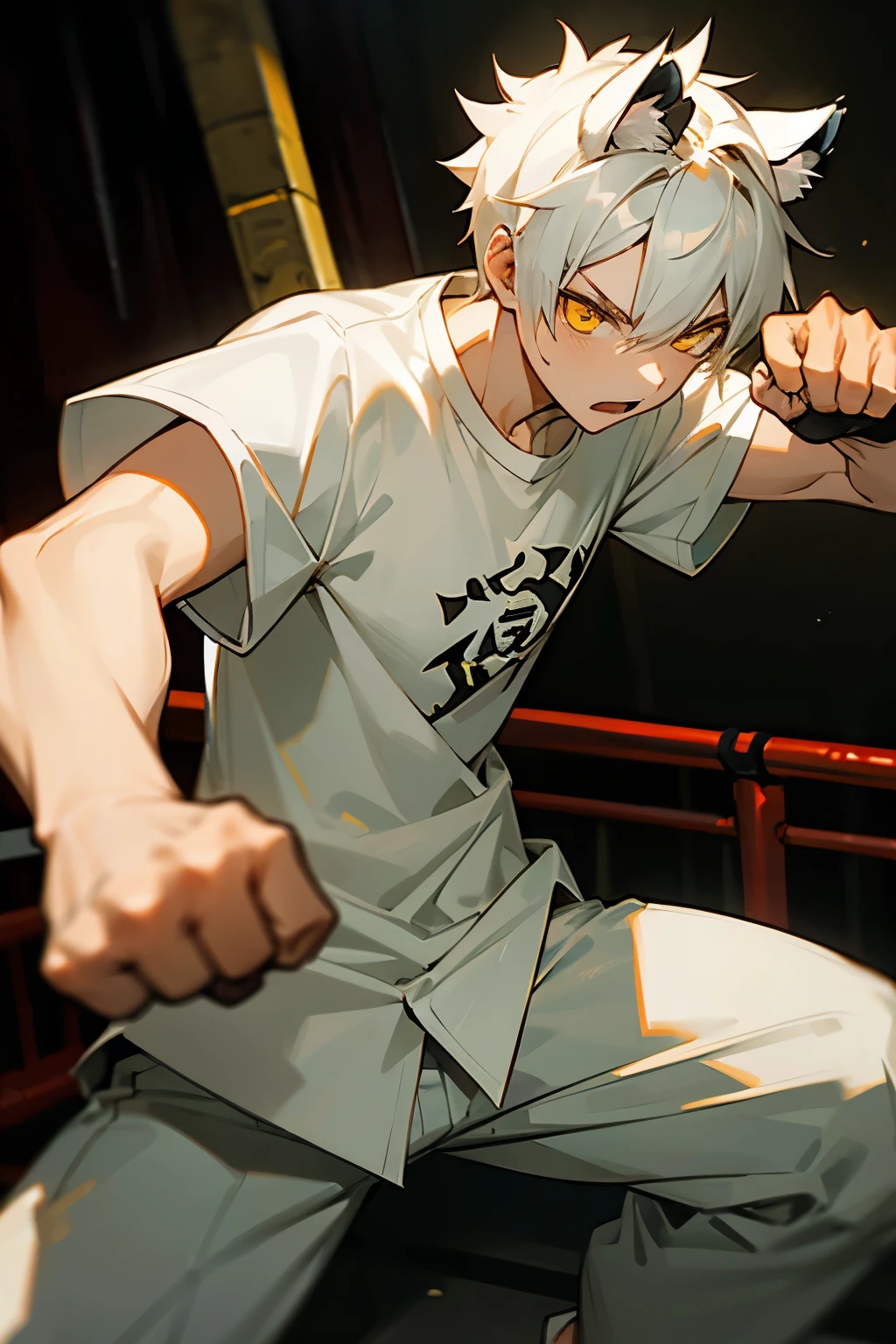 young male,white tiger ears,in yellow eyes,Wear a white warm shirt.,hand claw shirt,Get into a punching position.,at night,on the road