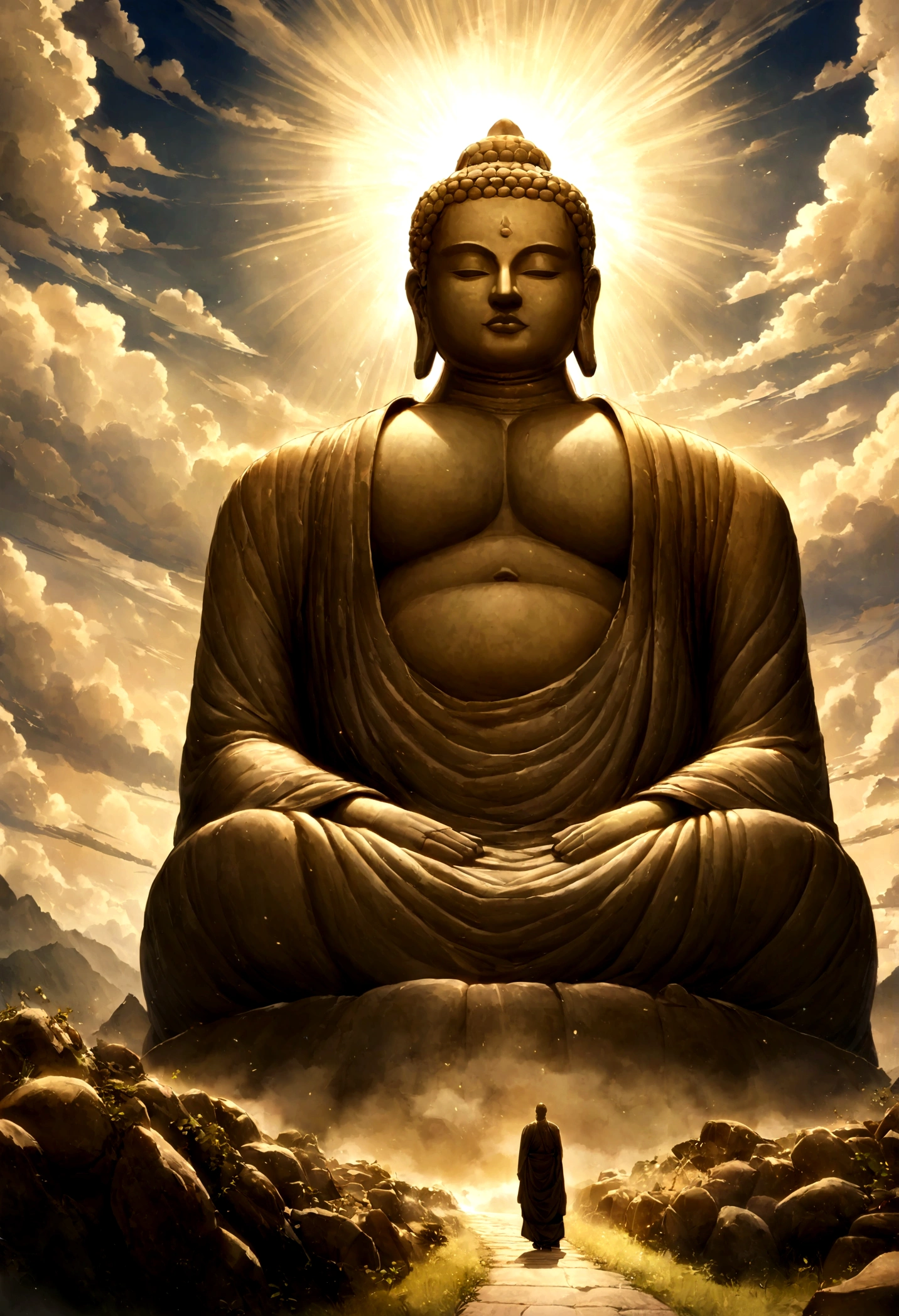 A huge Buddha statue seen in the distance, stone, texture, expensive, Majestic, The background is illuminated by sunlight.,cloud, Inverted Image,side,Pilgrims' Path