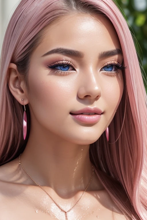1 girl, Korean model, extremely beautiful, perfect body, tank top, jeans, necklace, earrings, bracelet, masterpiece, 8K, lifelike. Glossy pink lips, pink eyeshadow, eyelashes, blush, cosmetics, bright white skin, detailed pores, shiny skin, shiny skin. Her hair is pink, long and smooth, blowing in the wind ((floating)) under the bright sunlight. Full body photo of the girl, sharp and highest contrast. Bright smile, pure white teeth and details. Seductive lips, glossy pink lips. Blue eyes, seductive, ((sharp makeup)), realistic, ((wet eyes)), detailed, pink eyeshadow. Two delicate eyelids, perfectly beautiful and detailed, black eyelashes. Eyebrows are curved, sparse, sharp and detailed. Beautiful and perfect face, holy, perfectly proportioned, beautiful in every detail, ((shiny)), high-end cosmetic makeup. High and detailed nose. Blush, prominent and detailed cheekbones.