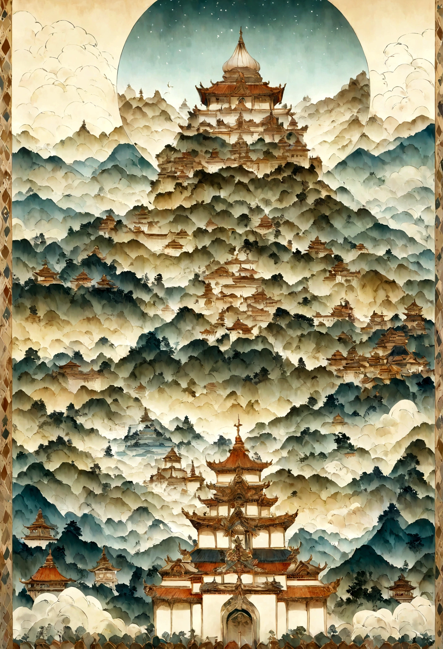 landscape of Myanmar, white pagoda and monastery on the hill, intricate image