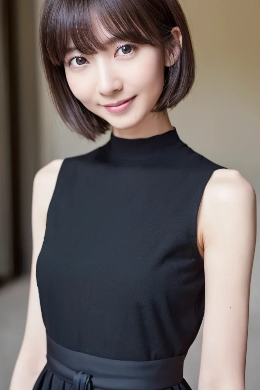 ((highest quality, 8k, masterpiece: 1.3)), Ultra-realistic, Skinny Japanese woman, 30 years old, 1 girl, Black tank top,The beauty of slim abs: 1.3, (Hairstyle Brown Hair Short Cut, big: 1.2), Super slender face, Delicate eyes, double eyelid, smile, Home, RAW Photos