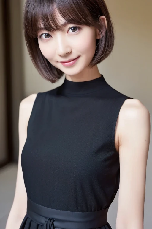 ((highest quality, 8k, masterpiece: 1.3)), Ultra-realistic, Skinny Japanese woman, 30 years old, 1 girl, Black tank top,The beauty of slim abs: 1.3, (Hairstyle Brown Hair Short Cut, big: 1.2), Super slender face, Delicate eyes, double eyelid, smile, Home, RAW Photos