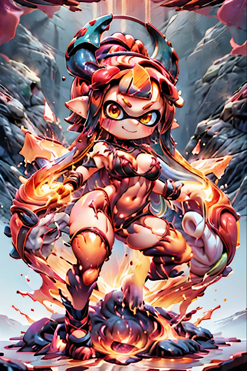 highest quality, masterpiece, Magmatic material, Splatoon Girl、Smiling cute horned devil character、 ((Made of magma)), ((body Made of magma)), flesh Made of magma, hair Made of magma, Golden Eyeagma-colored metallic tentacle hair、((gigantic breast、Cleavage))、Photo shoot pose, Dynamic pose, Magmatic material, NSFW