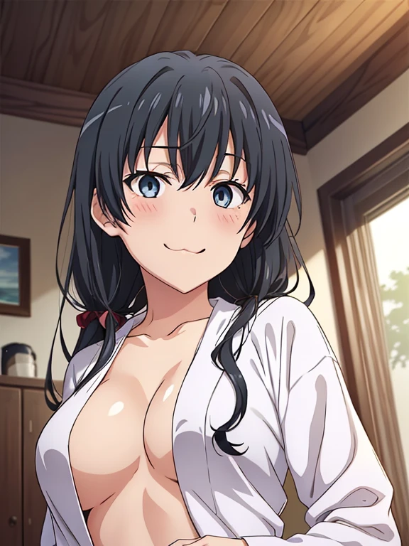 ((masutepiece, Best Quality, hight resolution, nffsw, Perfect Pixel, depth of fields, 4K, )), 1girl in, Solo, , Beautiful anime girl, Beautiful Art Style,
very low view angle:1.3, view from below:1.5, sky from below:1.5, living room background,
Perfect body, happy face:1.5 portrait:1.4, white bathrobe:1.4, unbuttoned bathrobe, undressing:1.4, stupid face:1.5, :P:1.5,
yukinoshita yukino, large breasts,
Full face blush, red face,
straight on:1.3, medium shot
