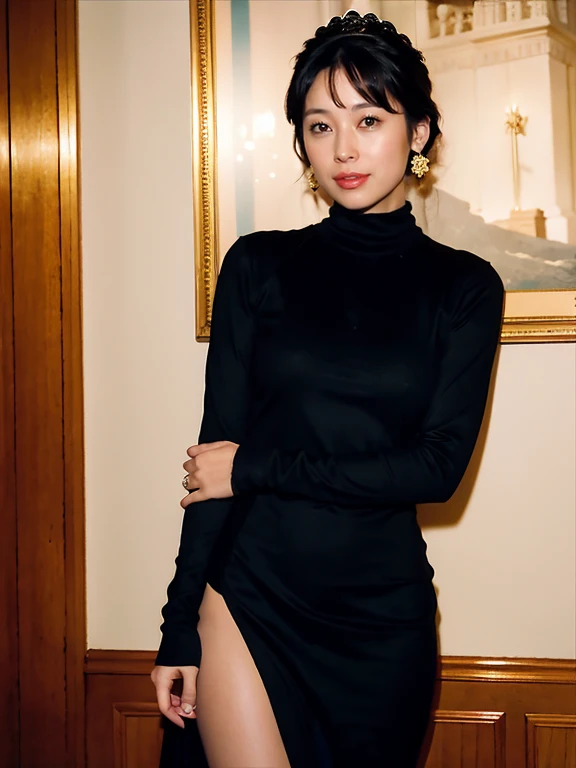 (RAW Photos:1.2), (Realistic:1.4),Beautiful detailed woman,非常にfine grainと顔, fine grain, Very detailed,High resolution, highest quality,8k wallpaper,masterpiece,highest quality,1 female,alone,rich,Whole Body Ezbian,(Slightly thicker:0.9),Toned figure,,Tight waist,alone,(Black high neck knit dress,slit,High heels),Gold earrings,Gold bracelet、Gold Tiara、Bobcut,A kind smile,A dignified atmosphere,black eye,Realistic,ancient ruins、Ivy