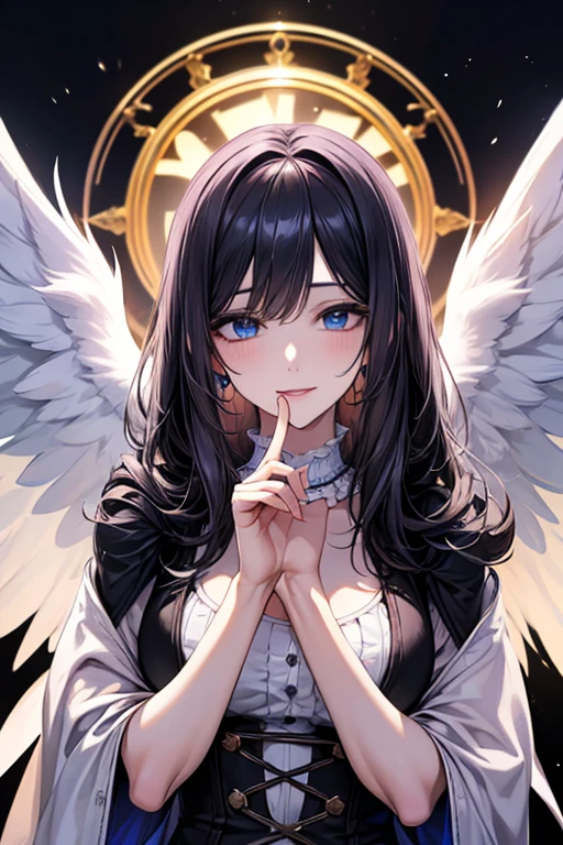 masterpiece, masterpiece_portrait, distinct, distinct_image, high_resolution, highres, high_quality_anime, high_quality, hyper_detail, finely_detailed,4K, YUJU, GFRIEND , sexy body, ((black hair)), blue eyes, smile, happy, angel, white wings, angel clothes