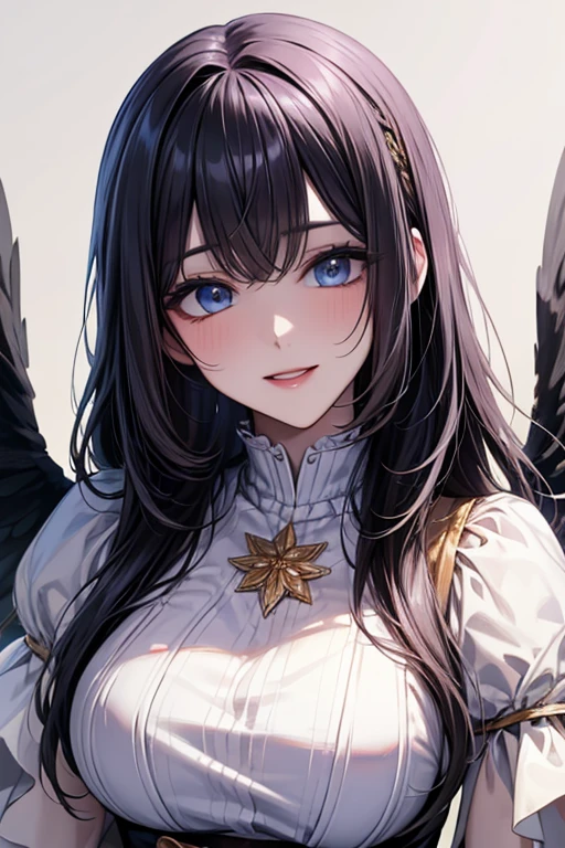 masterpiece, masterpiece_portrait, distinct, distinct_image, high_resolution, highres, high_quality_anime, high_quality, hyper_detail, finely_detailed,4K, YUJU, GFRIEND , sexy body, ((black hair)), blue eyes, smile, happy, angel, white wings, angel clothes