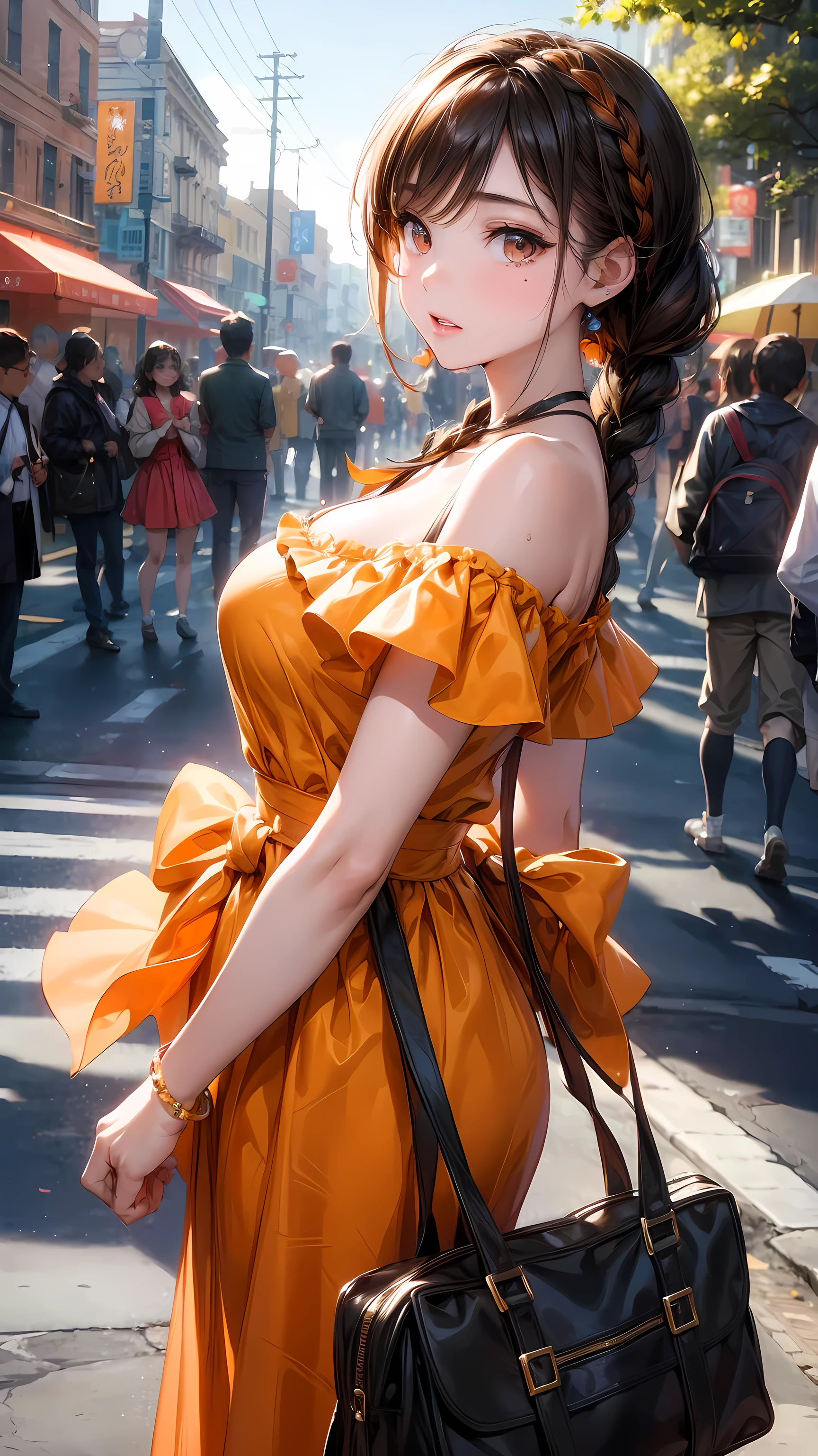 a woman posing on the street corner with orange dress on, best quality, 1girl, large breast, day, bright, blur background, bokeh, outdoor, (street:0.8), (people, crowds:0.8), (off-shoulder dress:1.2), gorgeous, (braided bangs:1.2), beautiful detailed sky, (dynamic pose:1.2), soft lighting, wind, shiny skin, (upper body:0.8), (freckles:0.8), mole under mouth,