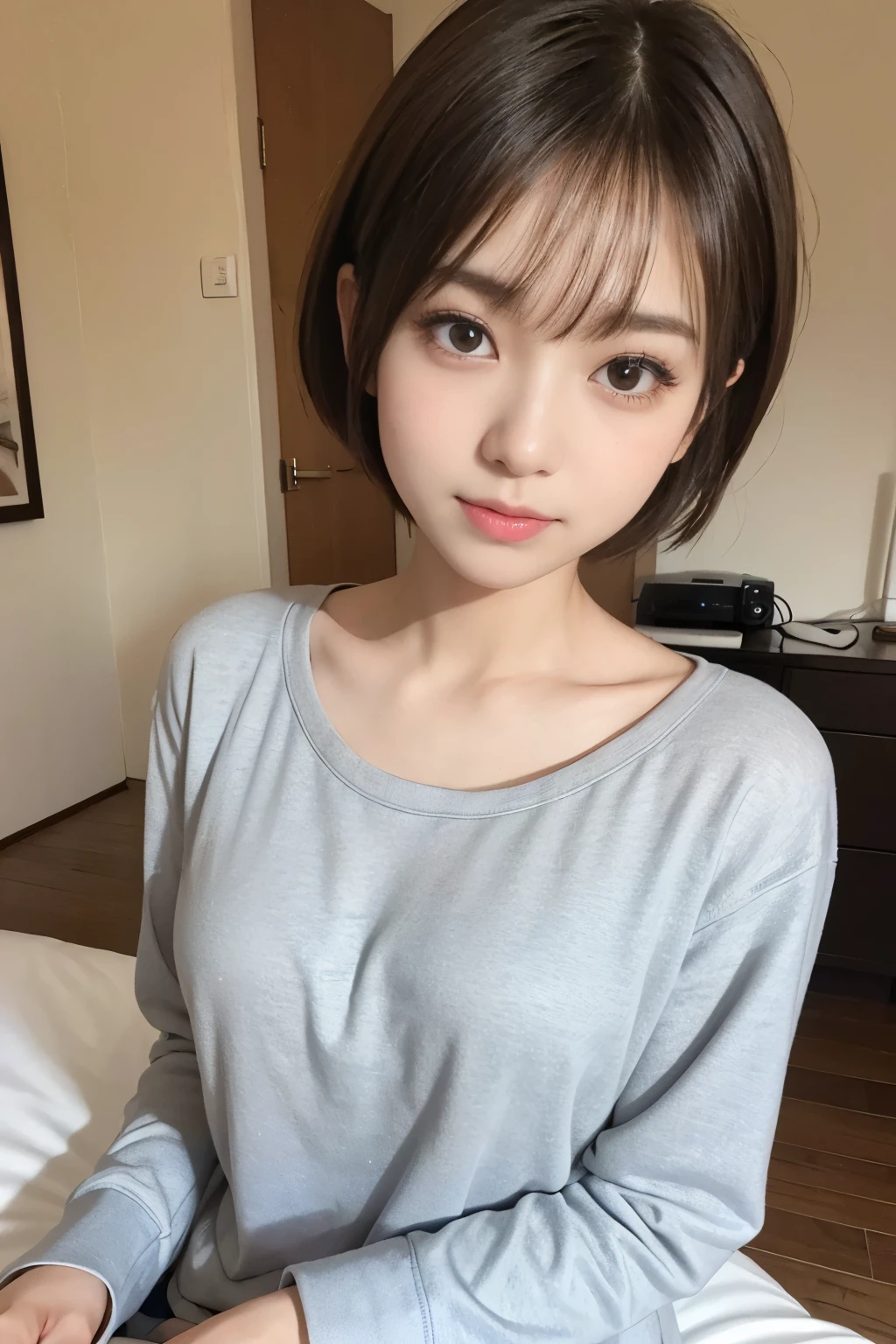 Cute 21 years old Japan、natta、on the beds、Sweatshirt pajamas、Cute colorful pajamas、Super Detail Face、Eye of Detail、double eyelid、beautiful thin nose、sharp focus:1.2、prety woman:1.4、(light brown hair,short cut hair, White skin、top-quality、​masterpiece、超A high resolution、(Photorealsitic:1.4)、No exposure、B cup breasts