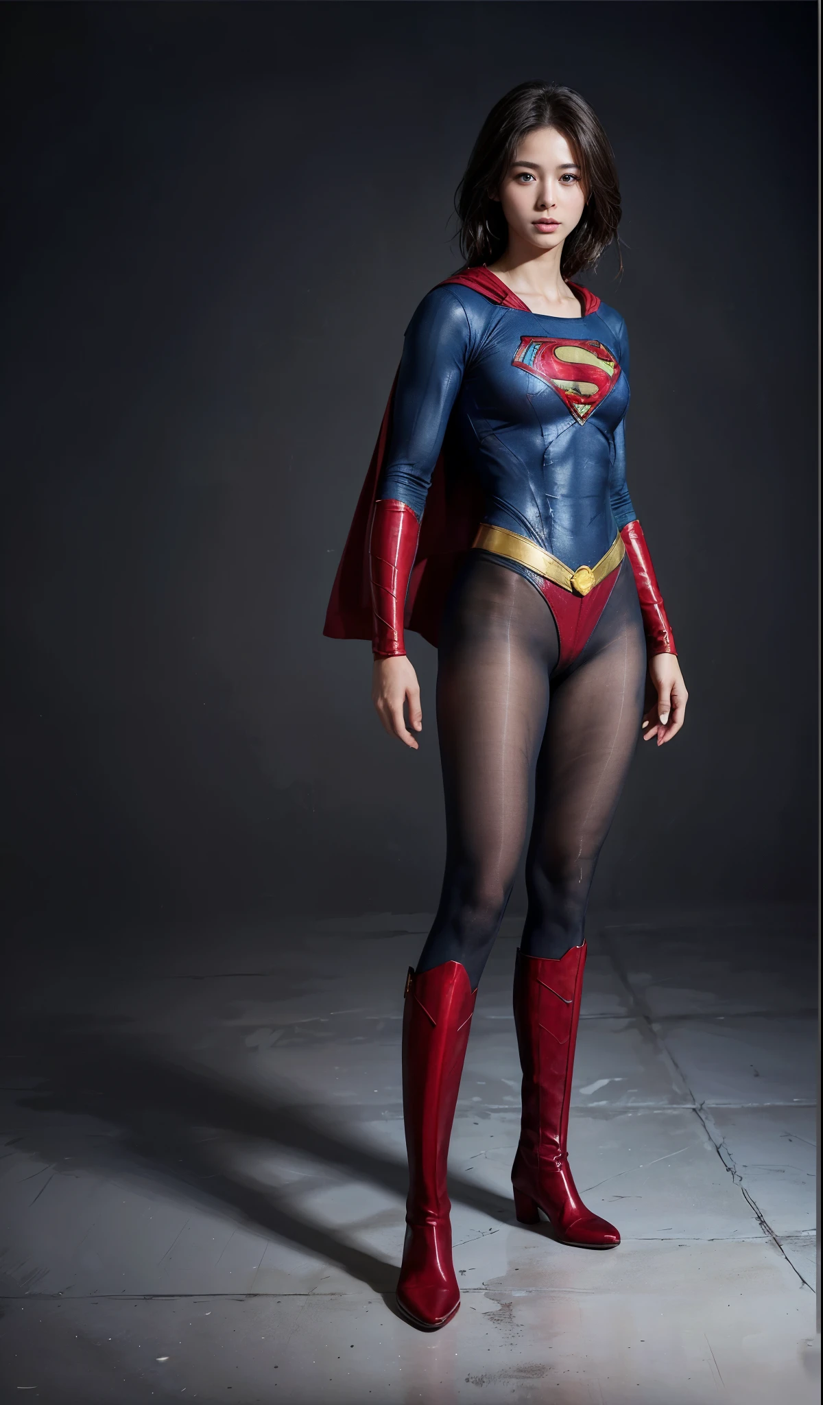 No background、(((Beautiful legs in black tights.)))、(((Legally express the beauty of your smile)))、((((Make the most of your original images)))、(((Supergirl Costume)))、(((Beautiful boyish hairstyle)))、(((suffering)))、(((Please wear black tights....、Be sure to wear red boots)))、((Best image quality、8k))、((highest quality、8k、masterpiece:1.3))、(((Preserve background )))、Sharp focus:1.2、Beautiful woman with perfect figure:1.4、Slim Abs:1.2、Wet body:1.5、Highly detailed face and skin texture、8k