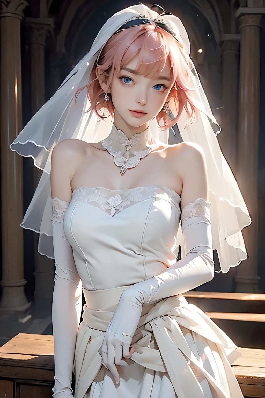 Ernonai, Nino Nakano, short hair, Bangs, blue eyes, hair accessories, Headband, pink hair, blunt Bangs, sides up, butterfly hair accessories,
rest gloves, skirt, split, bare shoulders, clavicle, elbow gloves, White gloves, white skirt, Strapless, crown, veil, Strapless skirt, wedding skirt, bridal veil,
rest indoors, church,
rest looking at viewer, rest (masterpiece:1.2), best quality, high resolution, unified 8k wallpaper, (illustration:0.8), (Beautiful and delicate eyes:1.6), extremely detailed face, perfect lighting, Extremely detailed CG, (perfect hands, perfect anatomy),(huge breasts:1.2),wet skin