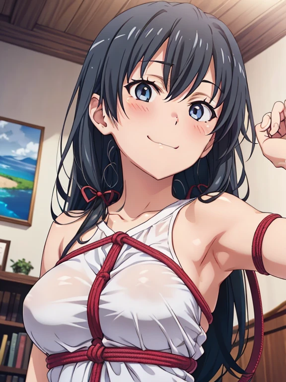 ((masutepiece, Best Quality, hight resolution, nffsw, Perfect Pixel, depth of fields, 4K, )), 1girl in, Solo, , Beautiful anime girl, Beautiful Art Style,
very low view angle:1.3, view from below:1.5, sky from below:1.5, living room background,
Perfect body, happy face:1.5 portrait:1.4, red rope bondage:1.5, stupid face:1.5, :P:1.5,
yukinoshita yukino, large breasts,
Full face blush, red face,
straight on:1.3, medium shot