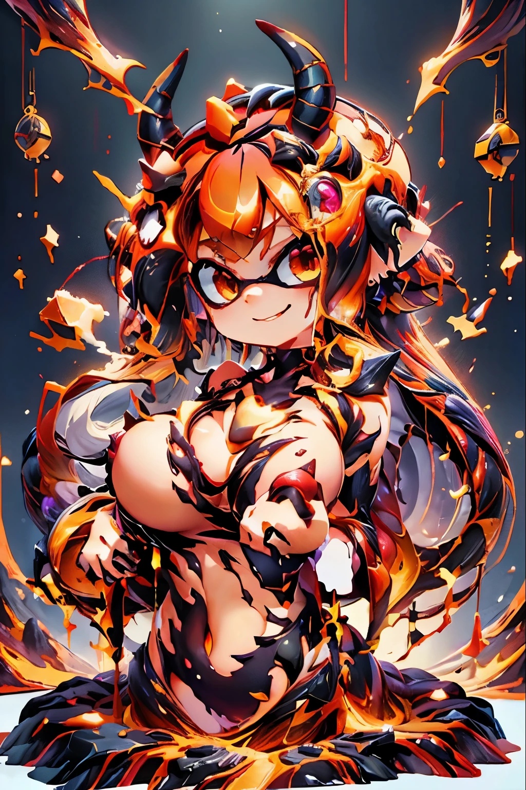 highest quality, masterpiece, Magmatic material, Real Anime、3D、Splatoon Girl、Smiling cute horned devil character、 ((Made of magma)), ((body Made of magma)), flesh Made of magma, hair Made of magma, Golden Eyes、Magma-colored metallic tentacle hair、((gigantic breast、Cleavage))、Photo shoot pose, Dynamic pose, Magmatic material, NSFW