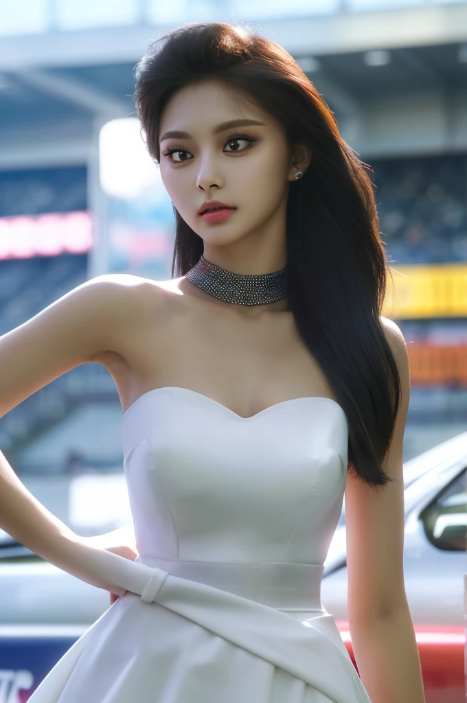 Tzuyu 1, woman, (Realistic), (Hyperrealism), (photoRealistic), Written boundary depth, eye make up:0.7 (whole body:1.2), (Large Bust),(Tight waist), Observe the audience,In the pits of a race track, Race Queen, A sexy dress with open shoulders and neckline