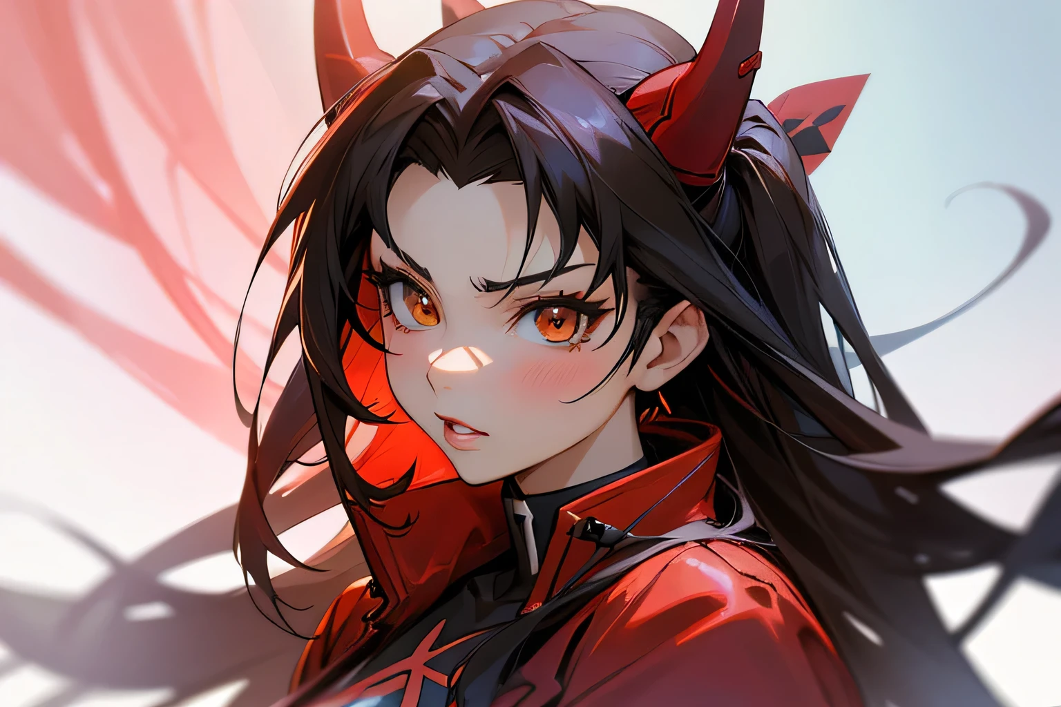anime girl with horns and a red jacket, extremely detailed artgerm, artgerm. high detail, artgerm detailed, ig model | artgerm, detailed digital anime art, realistic anime artstyle, artgerm portrait, rin tohsaka, style artgerm, artgerm. anime illustration, artgerm on artstation pixiv