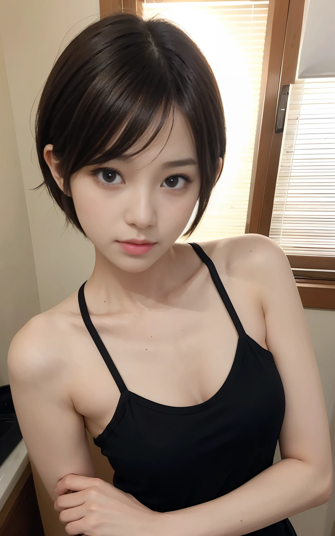 Cute 21 years old Japan、Washstand、In front of the mirror、Black camisole、Super Detail Face、Eye of Detail、double eyelid、beautiful thin nose、sharp focus:1.2、prety woman:1.4、(light brown hair,short cut hair, top-quality、​masterpiece、超A high resolution、(Photorealsitic:1.4)、