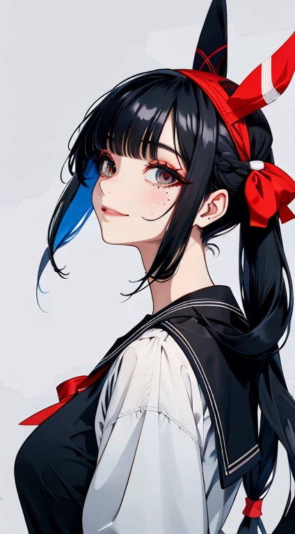 Black hair, bangs, curtained hair, crossed bangs, Long hair, Messy hair, pony tails, Very long hair, Black hair, bangs, curtained hair, crossed bangs, Long hair, Messy hair, pony tails, Very long hair, Big hair, ((Red Nike Sneakers)), hair ear, hair tying, hair flaps, widow peak, head gear, Hair ribbon, kanzashi, hairpods, white hair ribbon, Moles under eyes, Raised eyebrows, eyeball, Evil smile, crazy, Shy, scowling, jitome, gloom (expression), Seductive smile, anime big breast, Minimalism, Anime style, anime big breast, Minimalism, Anime style, angle of view, From above, hyper HD, retinas, Masterpiece, ccurate, Textured skin, Super detail, High quality, High details, Award-Awarded, Best quality, A high resolution, 16k, hyper HD, retinas, Masterpiece, ccurate, Textured skin, Super detail, High quality, High details, Award-Awarded, Best quality, A high resolution, 16k((Cute Sailor Suit))((Old cityscape background))