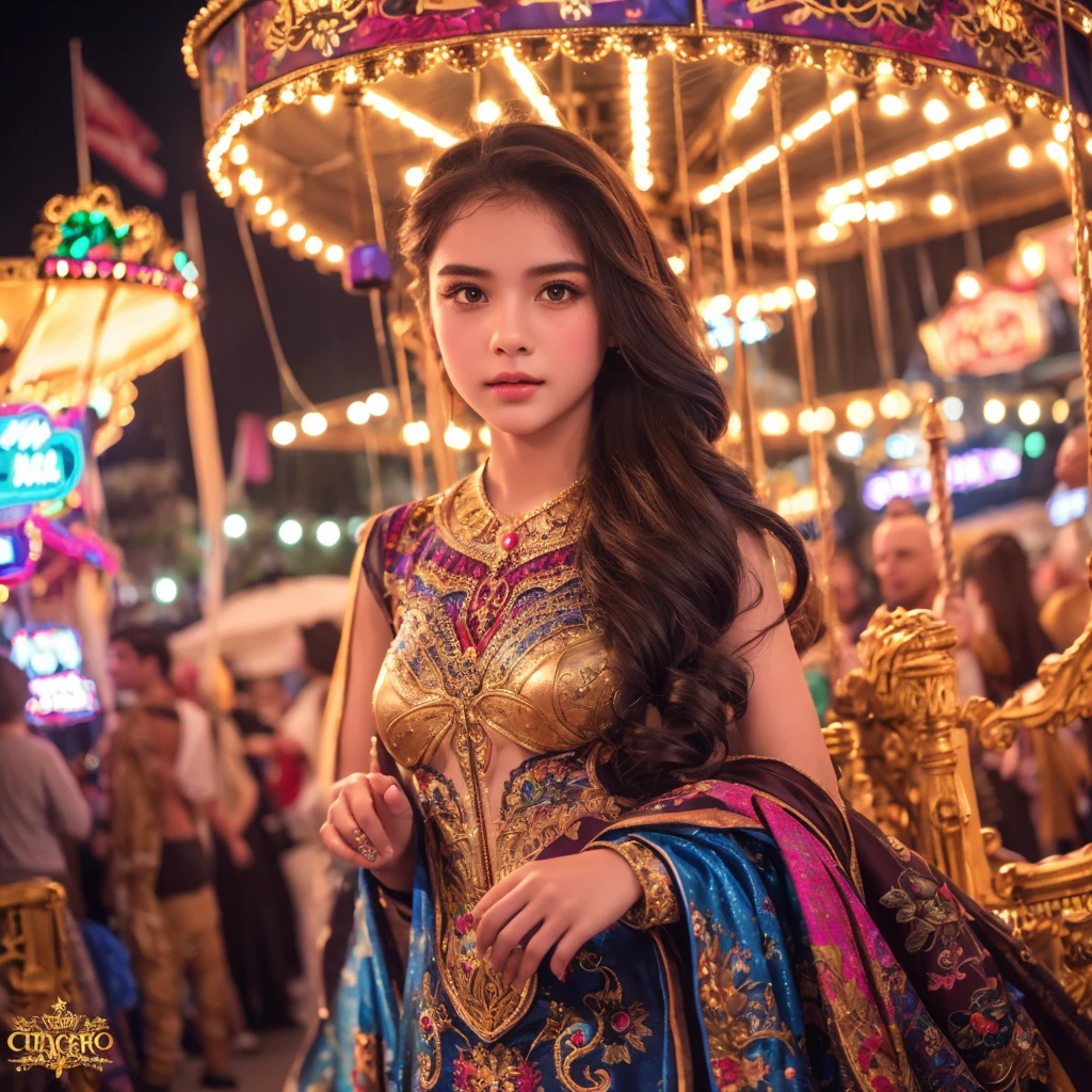 a beautiful young girl, 1girl, carousel, night carnival, night market, detailed face, intricate costume, detailed eyes, detailed lips, detailed hair, detailed skin, detailed clothing, fantasy, magical, enchanting, atmospheric, dramatic lighting, cinematic, colorful, vibrant colors, chiaroscuro, photorealistic, 8k, ultra-detailed, masterpiece, professional