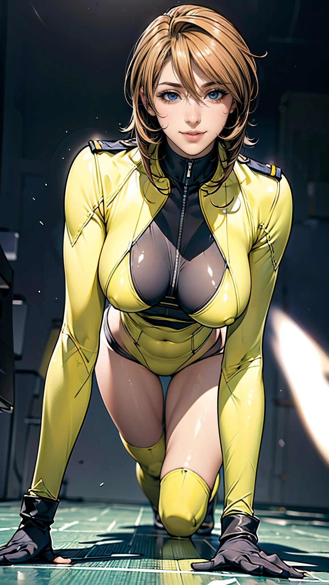 (masterpiece),(highest quality),(Very detailed),(High resolution),(Photorealistic Stick),(Realistic),(8k),(((SFW:1.5))),wallpaper,Perfect lighting,BREAK(One Woman),((MoriYuki:1.5)),(MoriBodysuit, yellow bodysuit, belt:1.5),(MoriUniform, white gloves, military uniform, brown jacket, ascot, belt:1.5),(22 years old),(((Extremely form fitting bodysuit:1.5))),(((Very detailedなボディスーツの描画:1.5))),(Beautiful Eyes:1.5),(Detailed face drawing:1.5),(Detailed face drawing:1.5),((Very detailedな女性の手:1.5)),(Shiny skin:1.0),(((Very muscular:1.5))),((Big Breasts:1.5)),(Fleshy),(((Thick thighs:1.5))),(Sensual body),(black background:1.5),(((Blur the background:1.5))),(((on all fours:1.5))),(((Warm-Smile:1.5)))