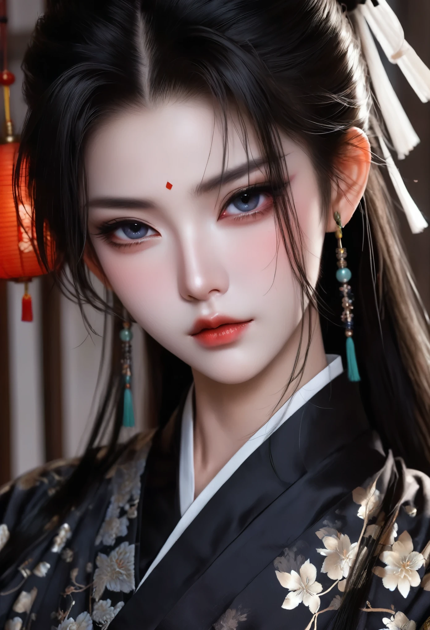 1 girl，Sexy，Black long hair，High Ponytail，Hair shine，Skin details，Beautiful facial features，Exquisite makeup，Exquisite eyes，Eye details，Dark eyeshadow，small freckles，Plain Hanfu，Shoulder，arm