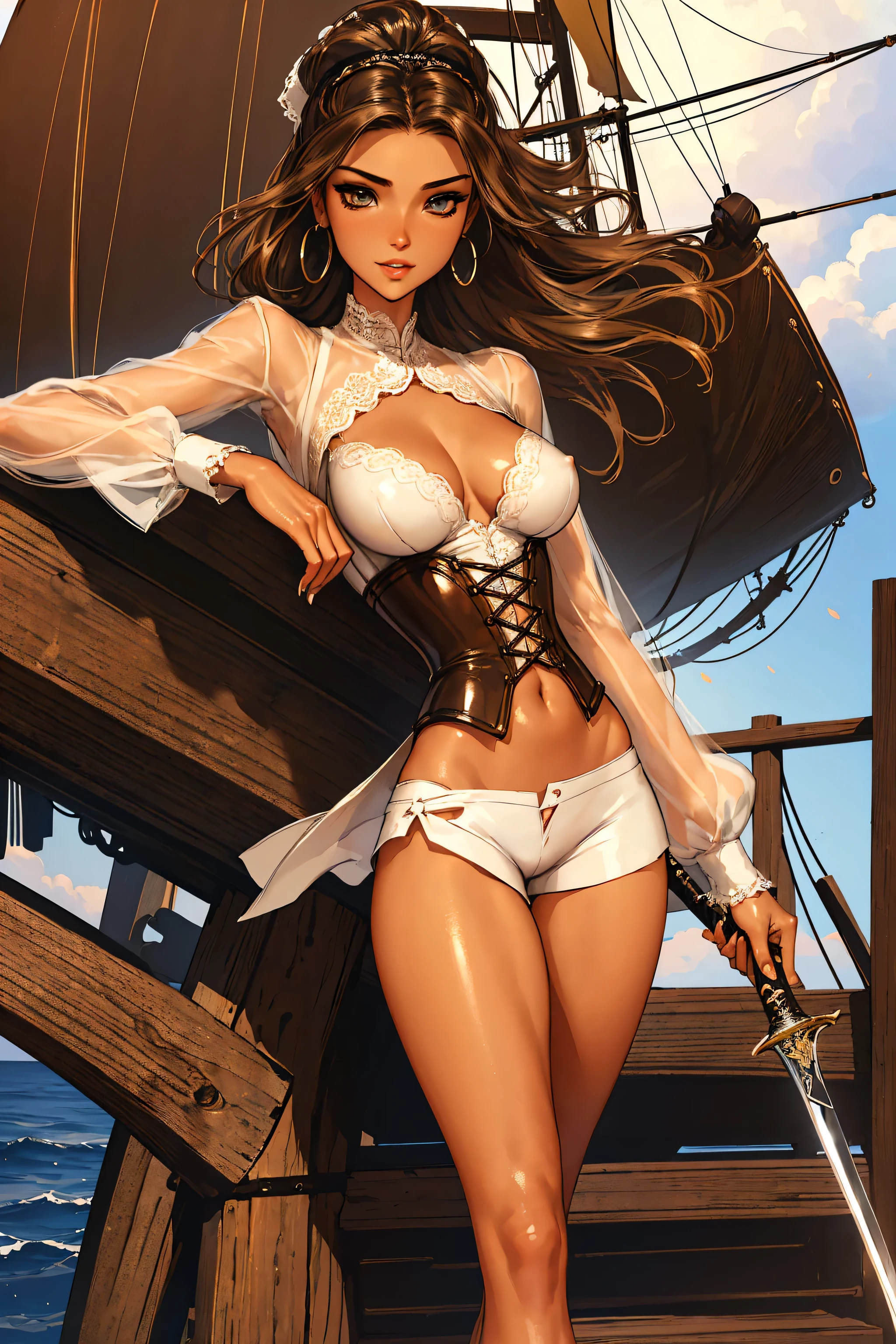 (masterpiece), best quality, expressive eyes, perfect face, (pirate ship background), (standing), (smirk), (closeup view), (1girl, vanessa alessia, dark skin, tanned skin, brown hair, wavy hairstyle, brown eyes, hourglass figure, thin body, skinny body, petite_body, medium breasts, thick thighs, long fingernails, brown plaid head wrap, white front lace blouse, long sleeve, loose fit, brown leather corset, brown leather shorts, brown boots, sheathed cutlass sword, flintlock pistol in holster, hoop earrings, miscellaneous jewelry),  big breasts, stripping, elegant makeup, exhibitionism, naked in public, , slim thighs, toned body, shiny skin, sexy pose, blue eyes, narrow hips, wearing high hip thong and see-through top, amber eyes